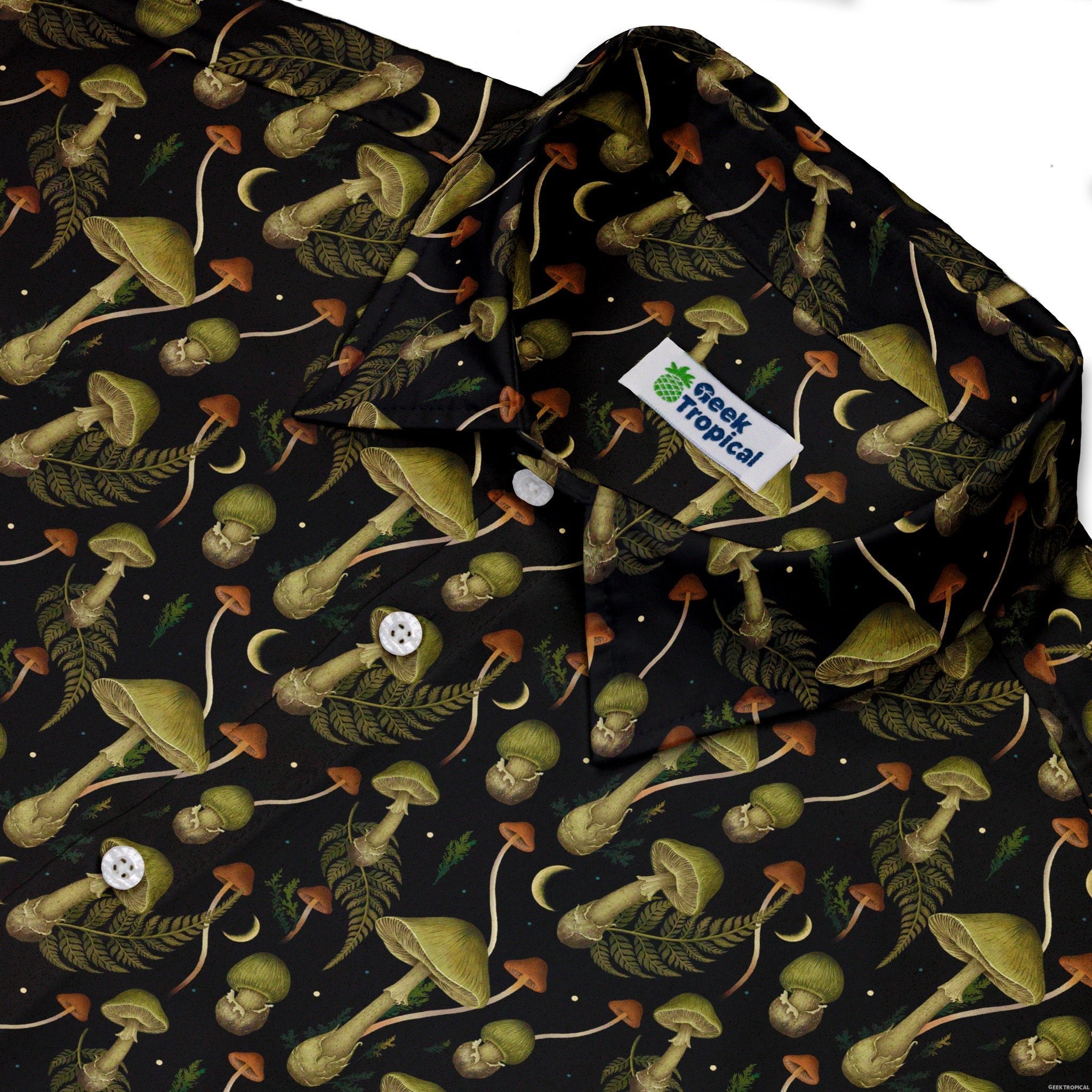 Episodic Mushroom Green Black Button Up Shirt - XS - Hawaiian Shirt - No Pocket -