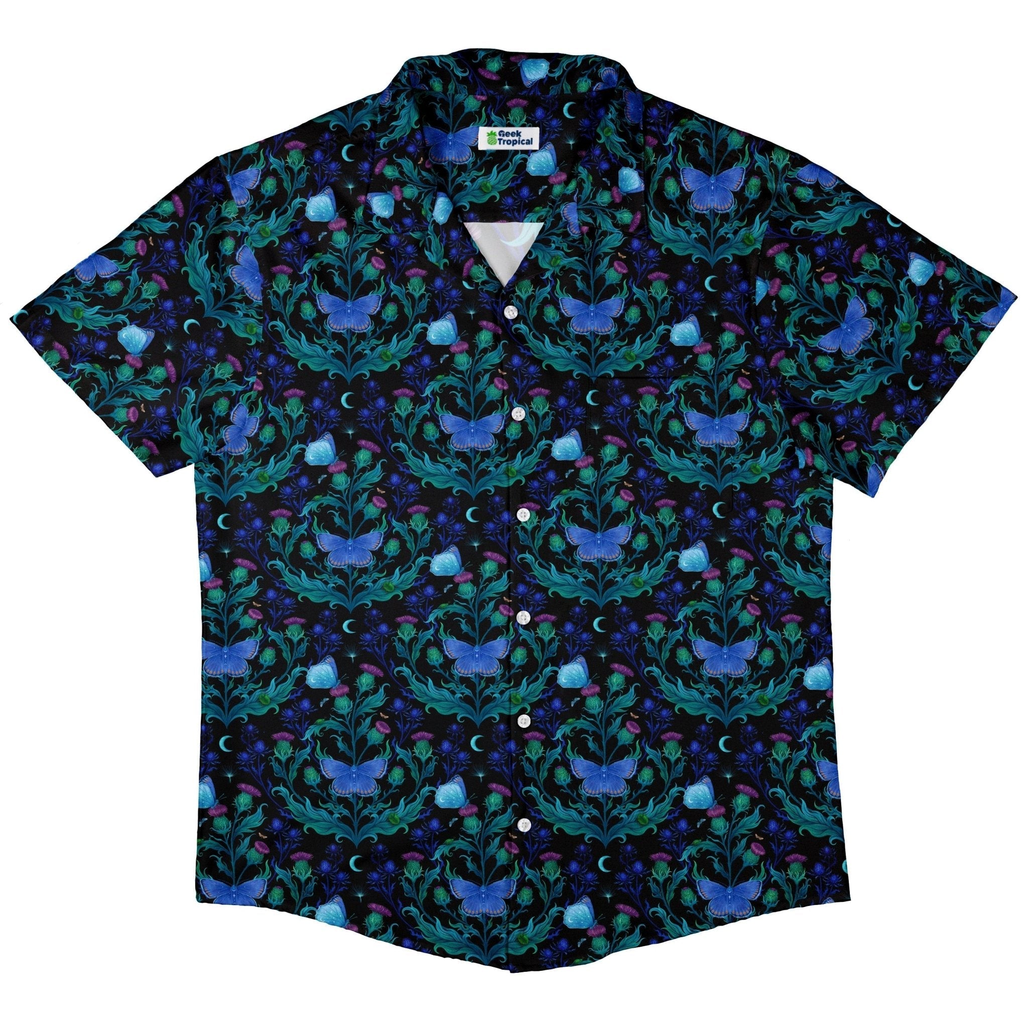Clearance Ready - to - Ship Episodic Thistle Moths Purple Button Up Shirt Geek Nerd adult sizing Botany Print Clearance