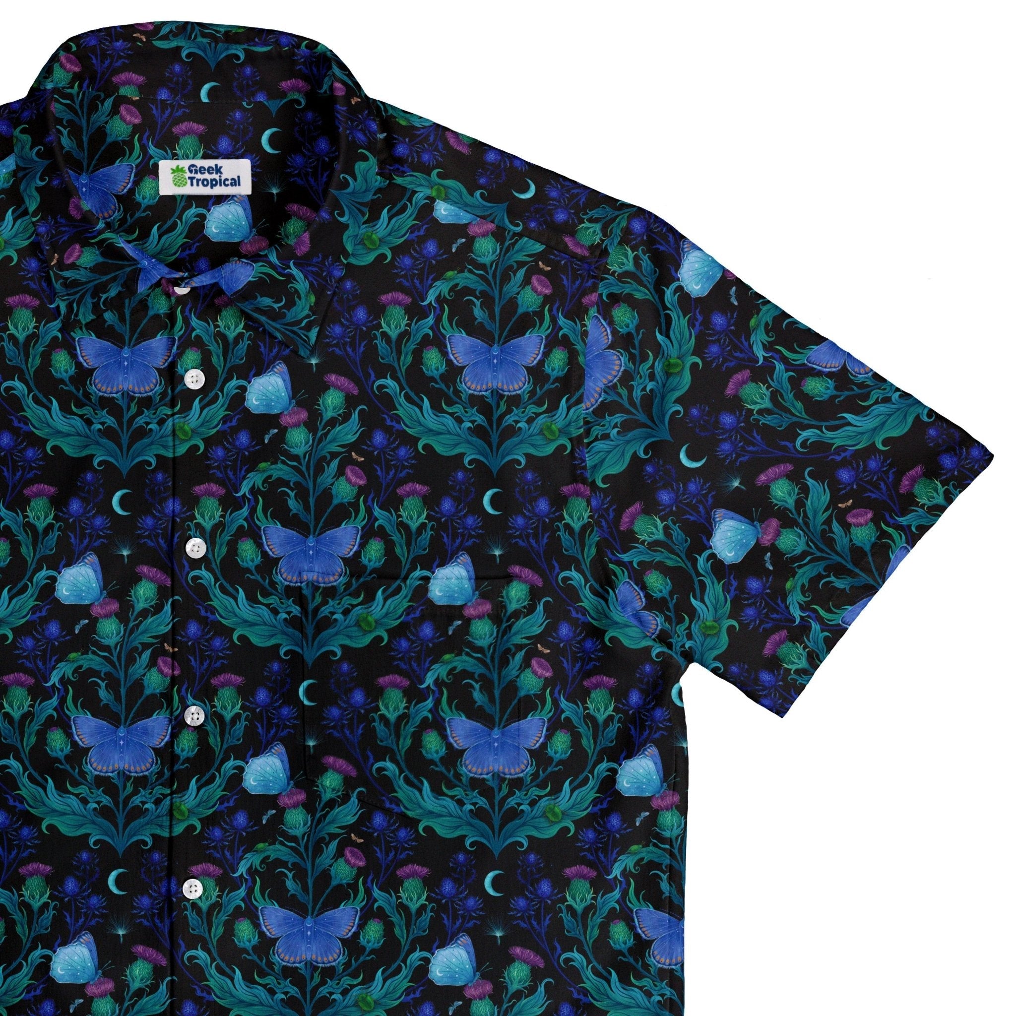 Clearance Ready - to - Ship Episodic Thistle Moths Purple Button Up Shirt Geek Nerd adult sizing Botany Print Clearance