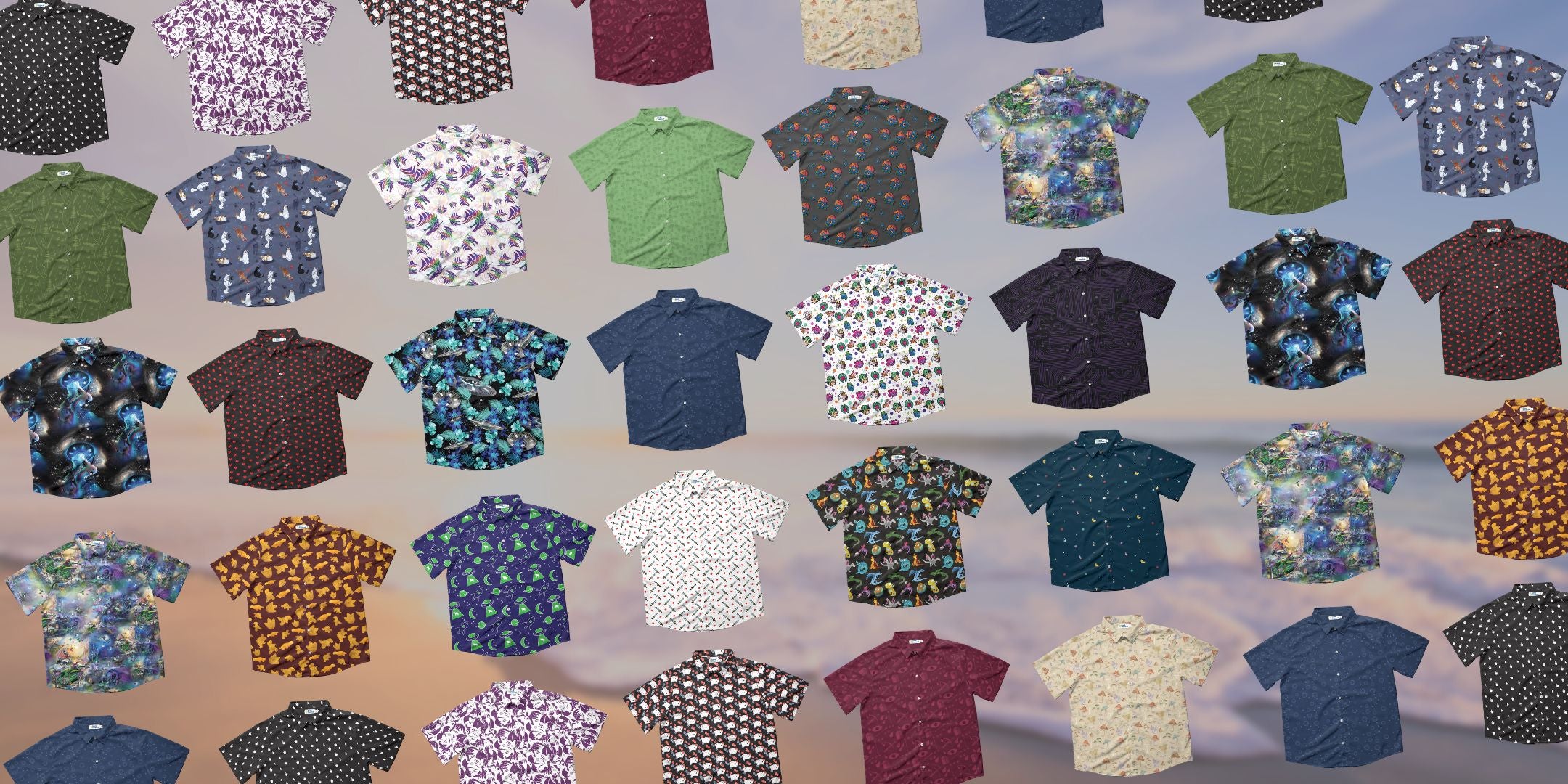 A pattern made up of several button up shirts with a beach background, featuring hawaiian shirts, tropical clothing, cool button up shirts, and unique button up shirts.