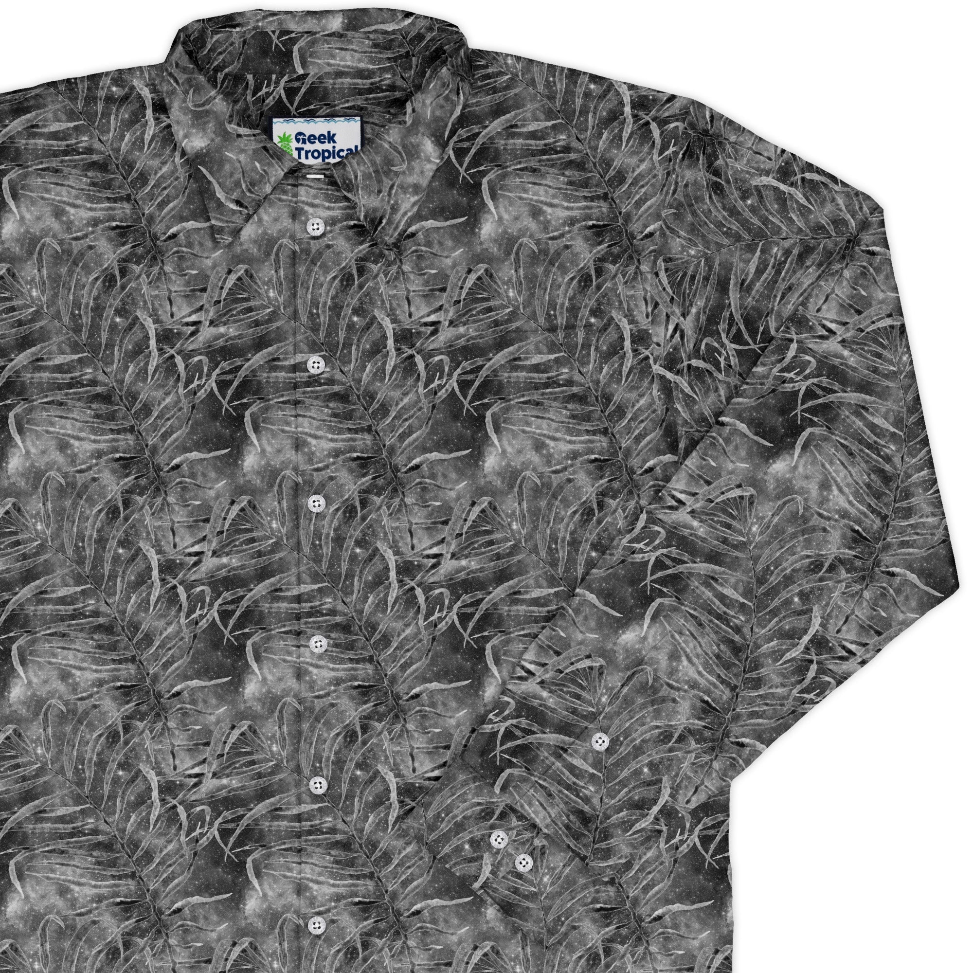 grey hawaiian space Long Sleeve Button Up Shirt Geek Nerd adult sizing FLOW DESC WRITING outer space & astronaut print
