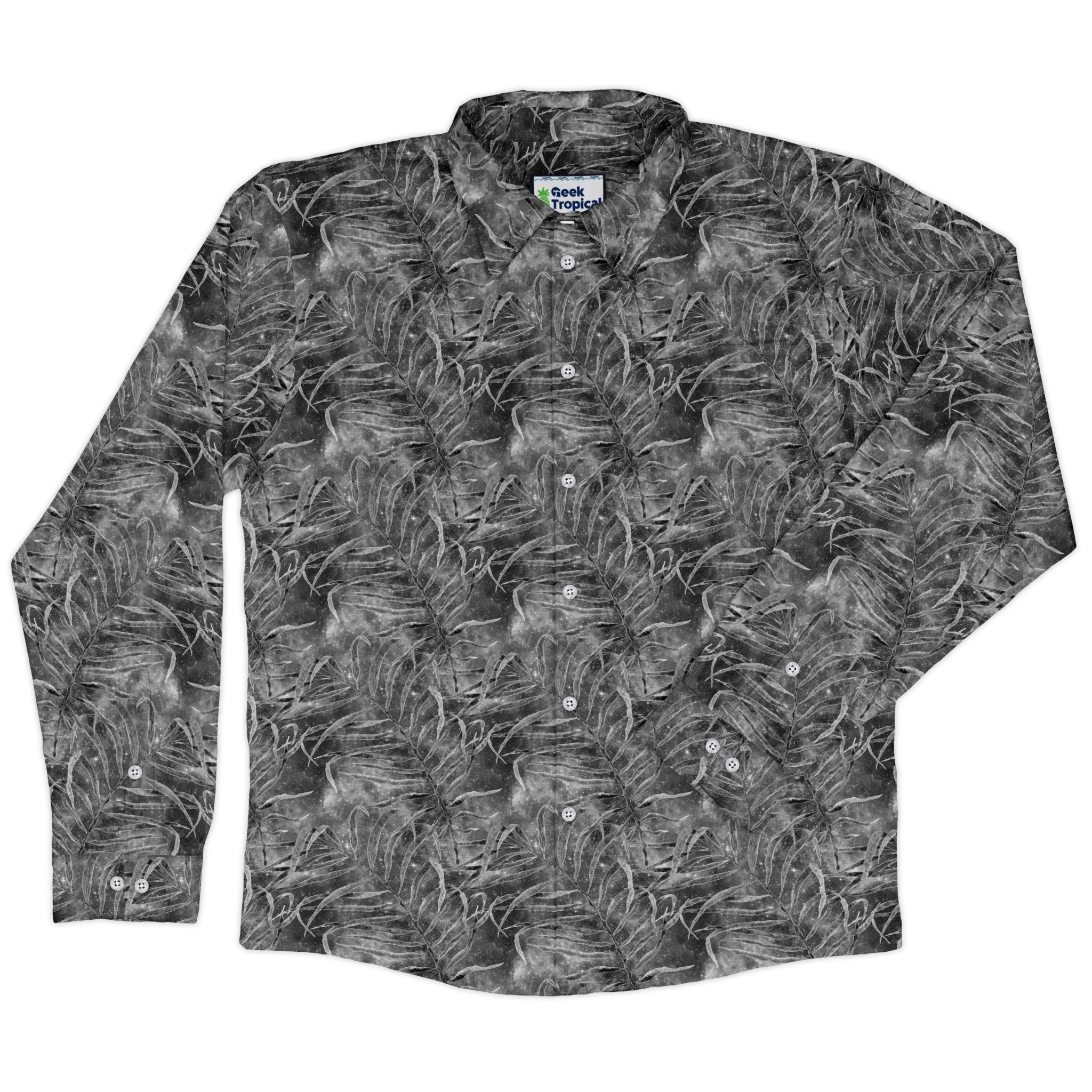 grey hawaiian space Long Sleeve Button Up Shirt Geek Nerd adult sizing FLOW DESC WRITING outer space & astronaut print