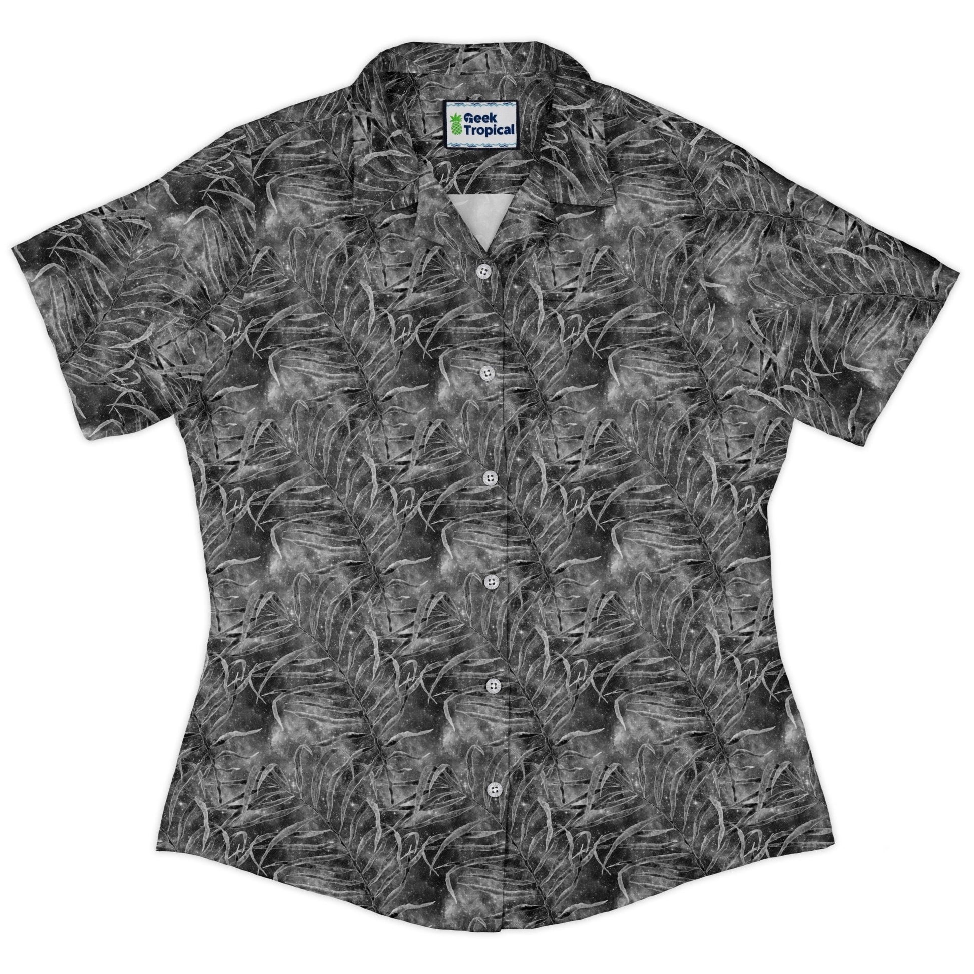 grey hawaiian space Curvy Button Up Shirt Geek Nerd outer space & astronaut print Tropical Hawaiian Patterns women