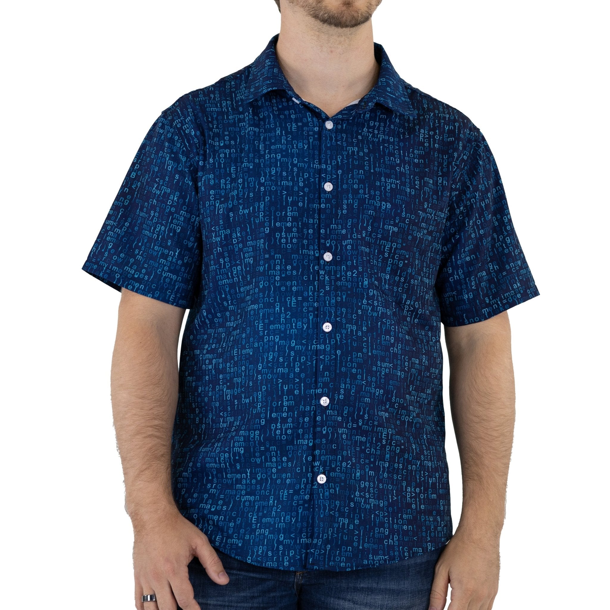 Ready-to-Ship Javascript Computer Code Blue Button Up Shirt - adult sizing - computer print - ready-to-ship