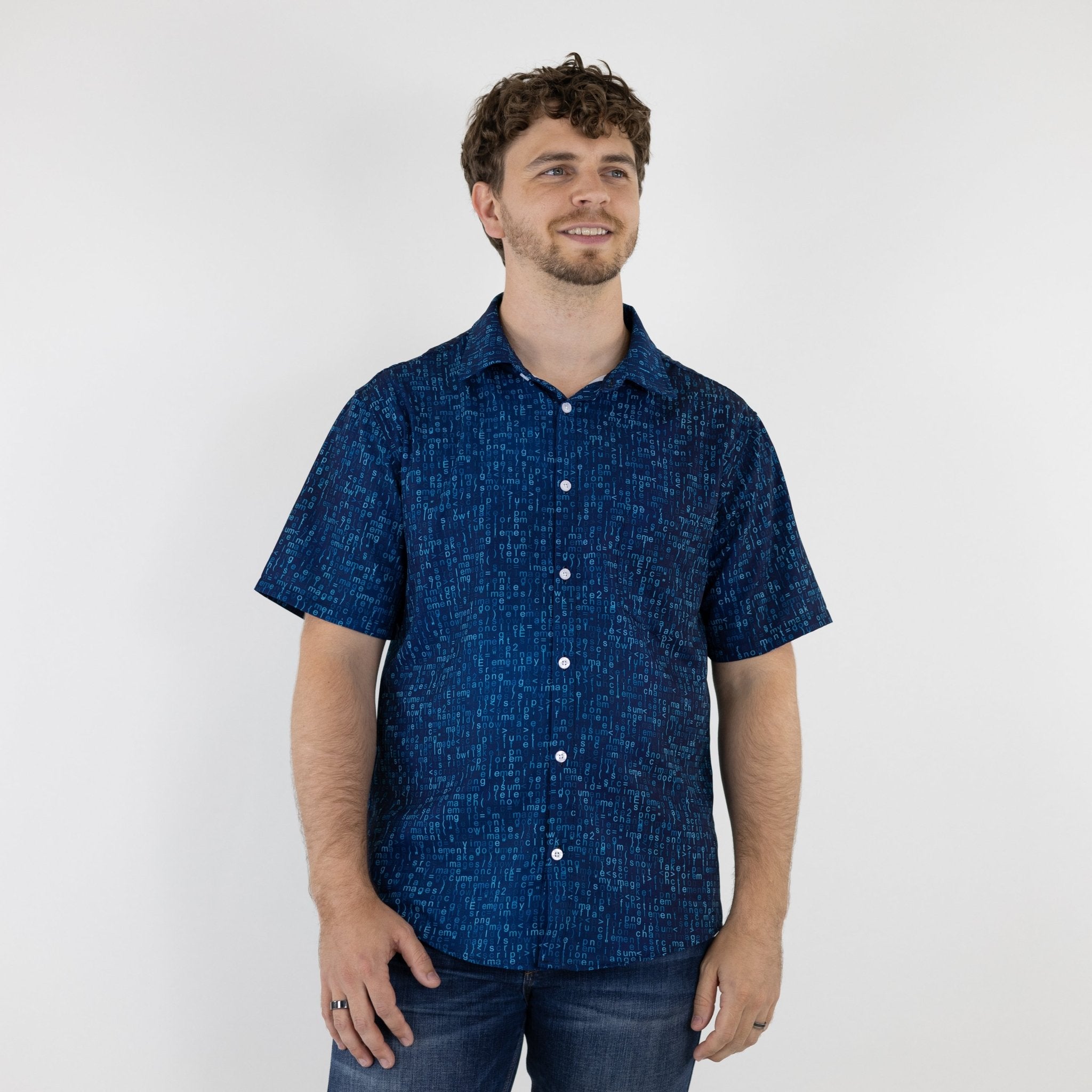 Ready-to-Ship Javascript Computer Code Blue Button Up Shirt - adult sizing - computer print - ready-to-ship