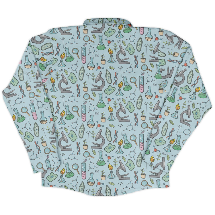 science bioengineer Germanation Sky Blue Long Sleeve Button Up Shirt Geek Nerd adult sizing FLOW DESC WRITING lifestyle photo
