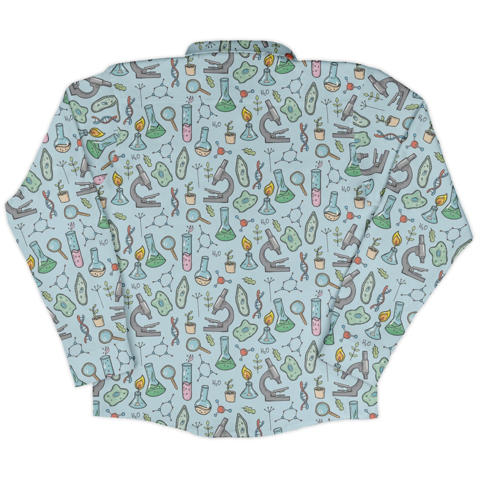 science bioengineer Germanation Sky Blue Long Sleeve Button Up Shirt Geek Nerd adult sizing FLOW DESC WRITING lifestyle photo