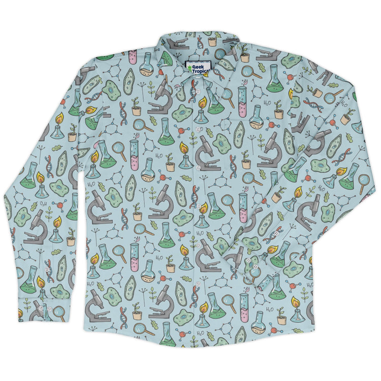 science bioengineer Germanation Sky Blue Long Sleeve Button Up Shirt Geek Nerd adult sizing FLOW DESC WRITING lifestyle photo