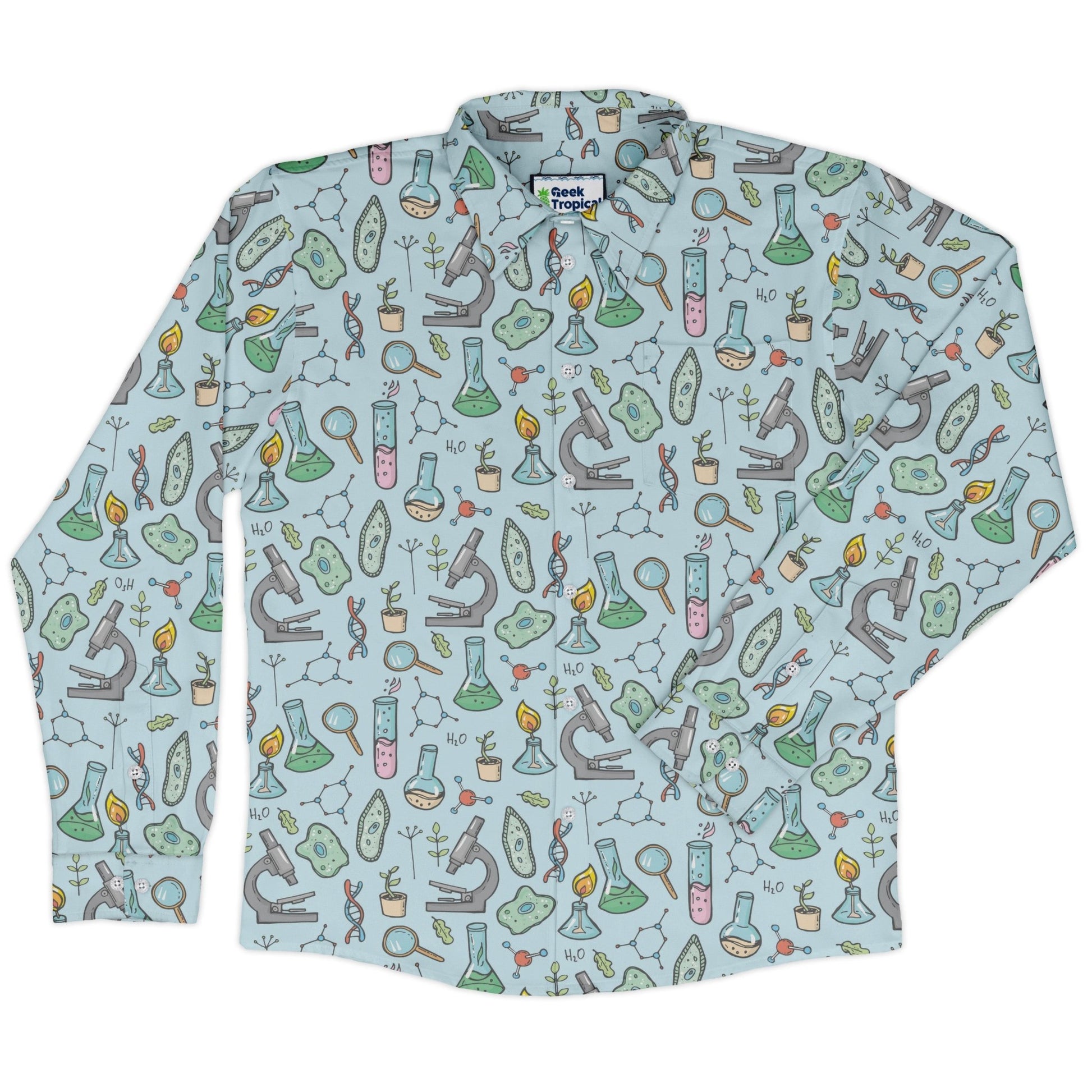 science bioengineer Germanation Sky Blue Long Sleeve Button Up Shirt Geek Nerd adult sizing FLOW DESC WRITING lifestyle photo