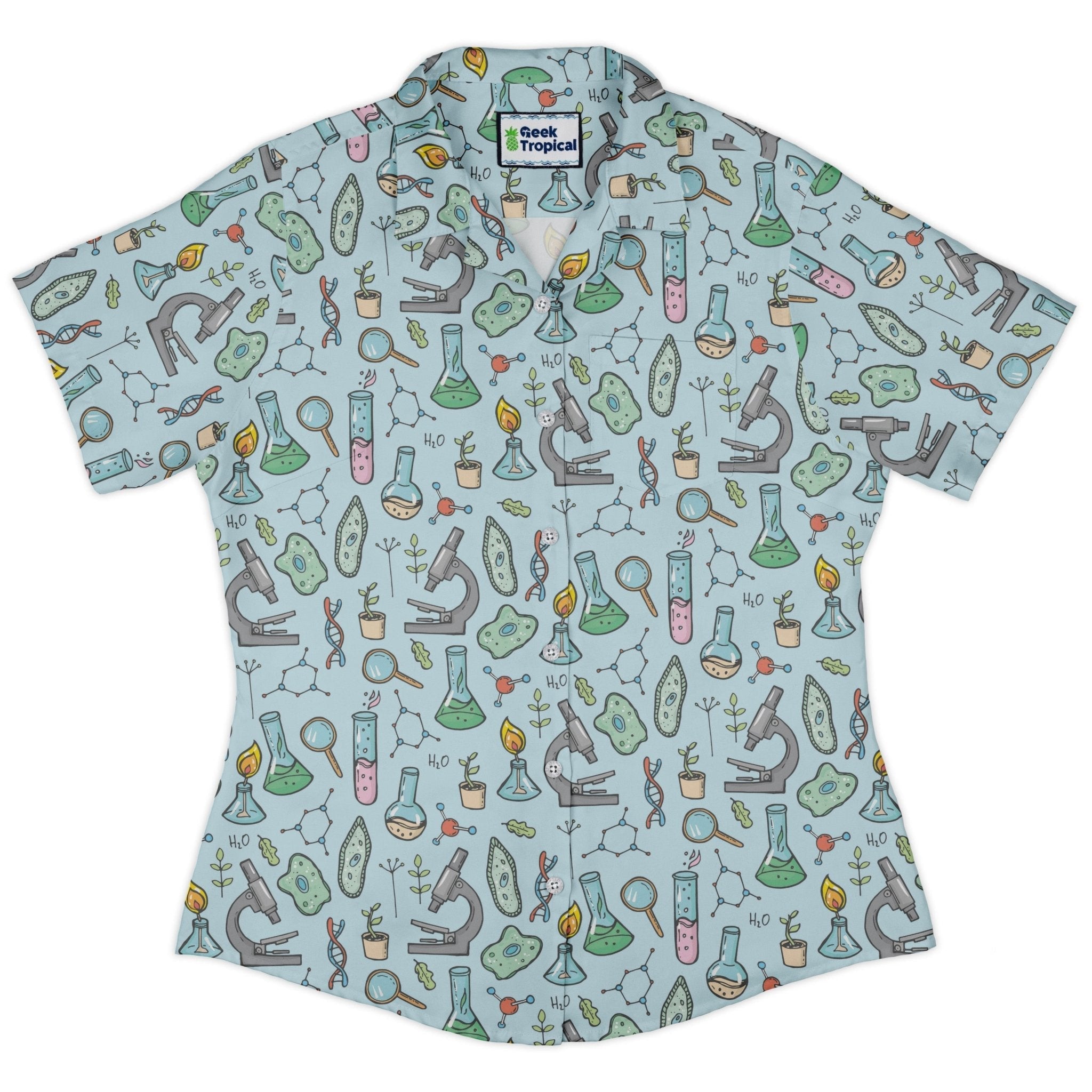 Clearance Ready - to - Ship science bioengineer Germanation Sky Blue Curvy Button Up Shirt Geek Nerd All Adult Button Up Shirts Botany Print Clearance