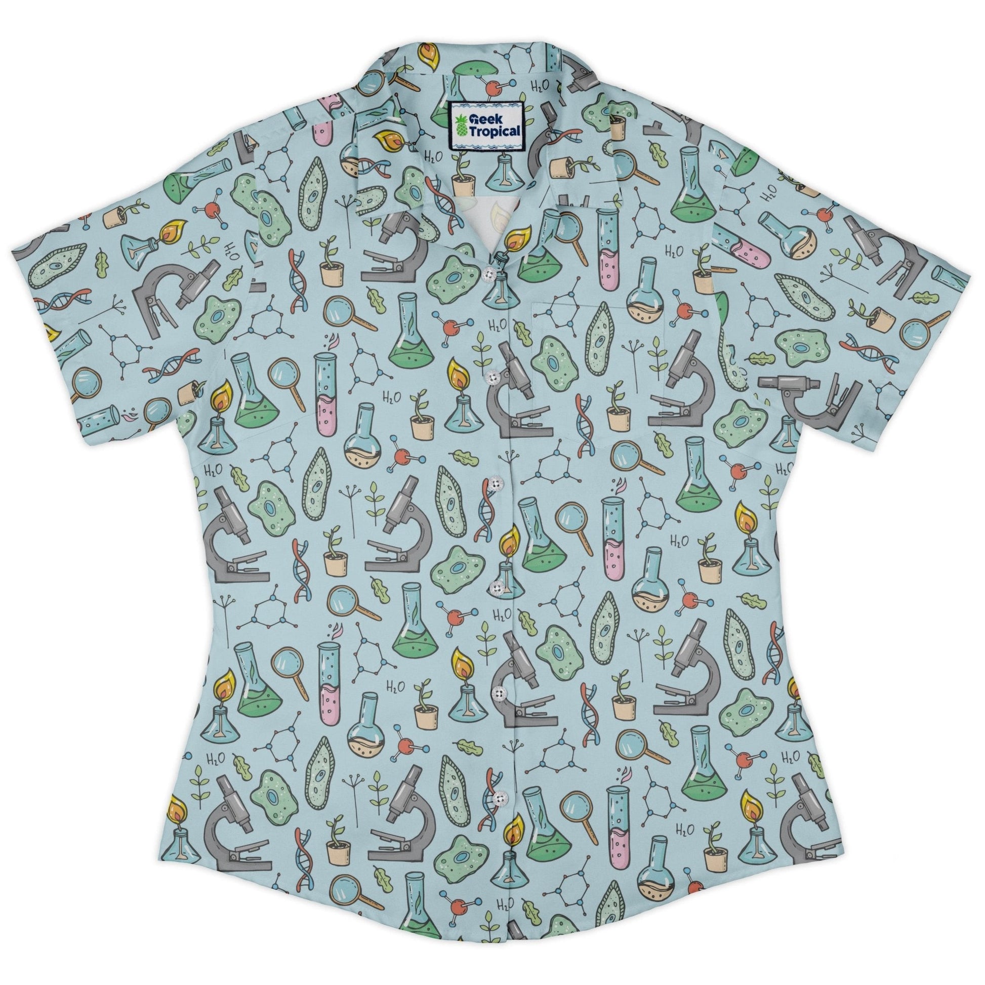 Clearance Ready - to - Ship science bioengineer Germanation Sky Blue Curvy Button Up Shirt Geek Nerd All Adult Button Up Shirts Botany Print Clearance