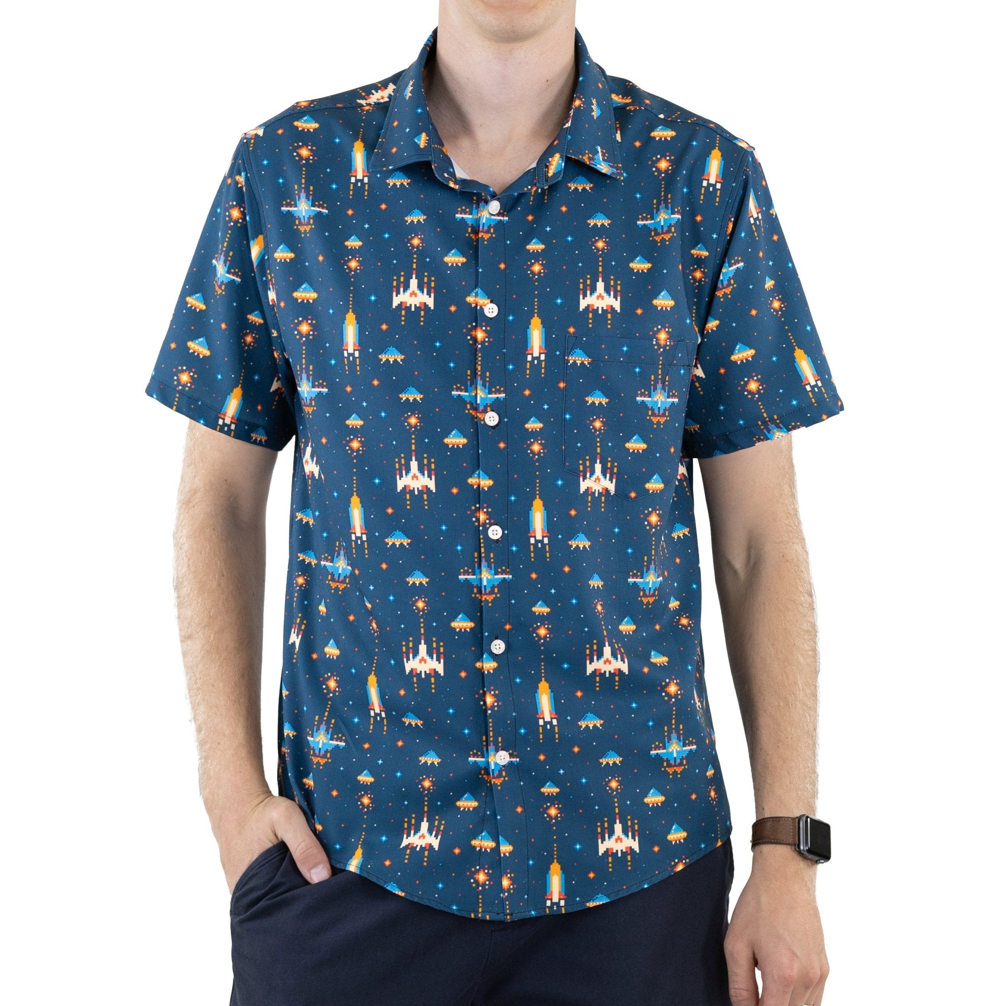 Ready - to - Ship Space Retro Arcade Button Up Shirt Geek Nerd adult sizing fix outer space & astronaut print