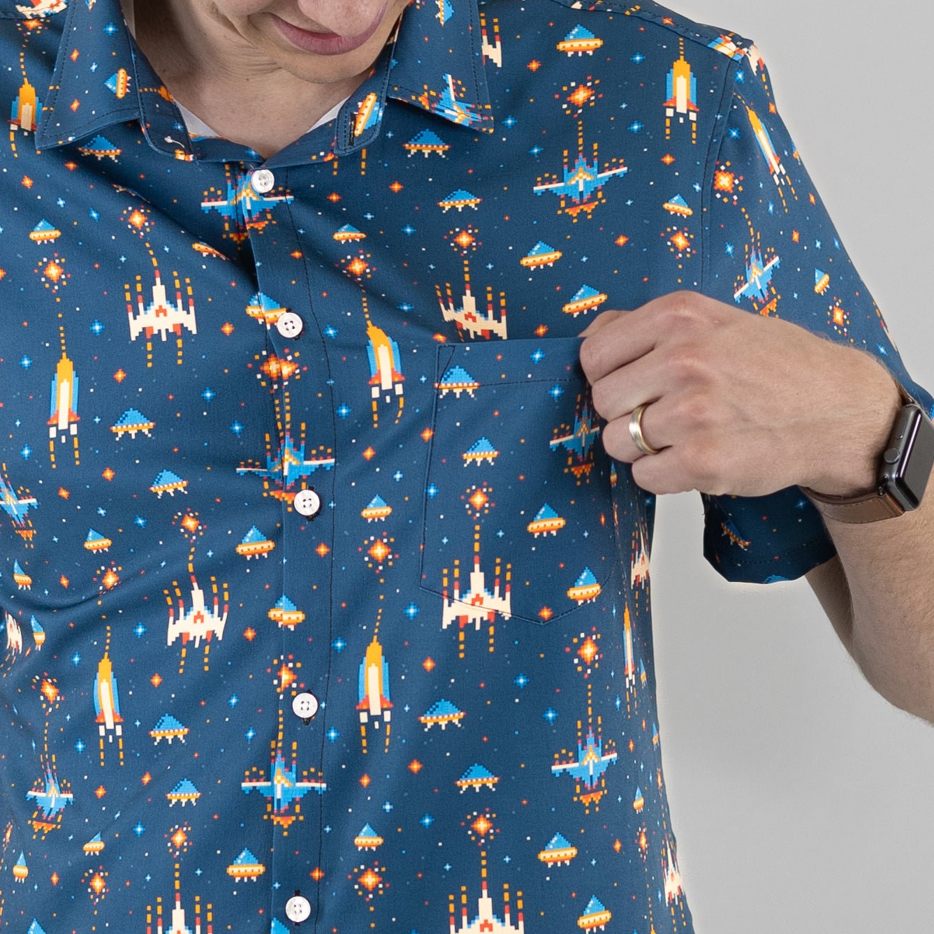 Ready-to-Ship Space Retro Arcade Game Button Up Shirt - adult sizing - outer space & astronaut print - ready-to-ship