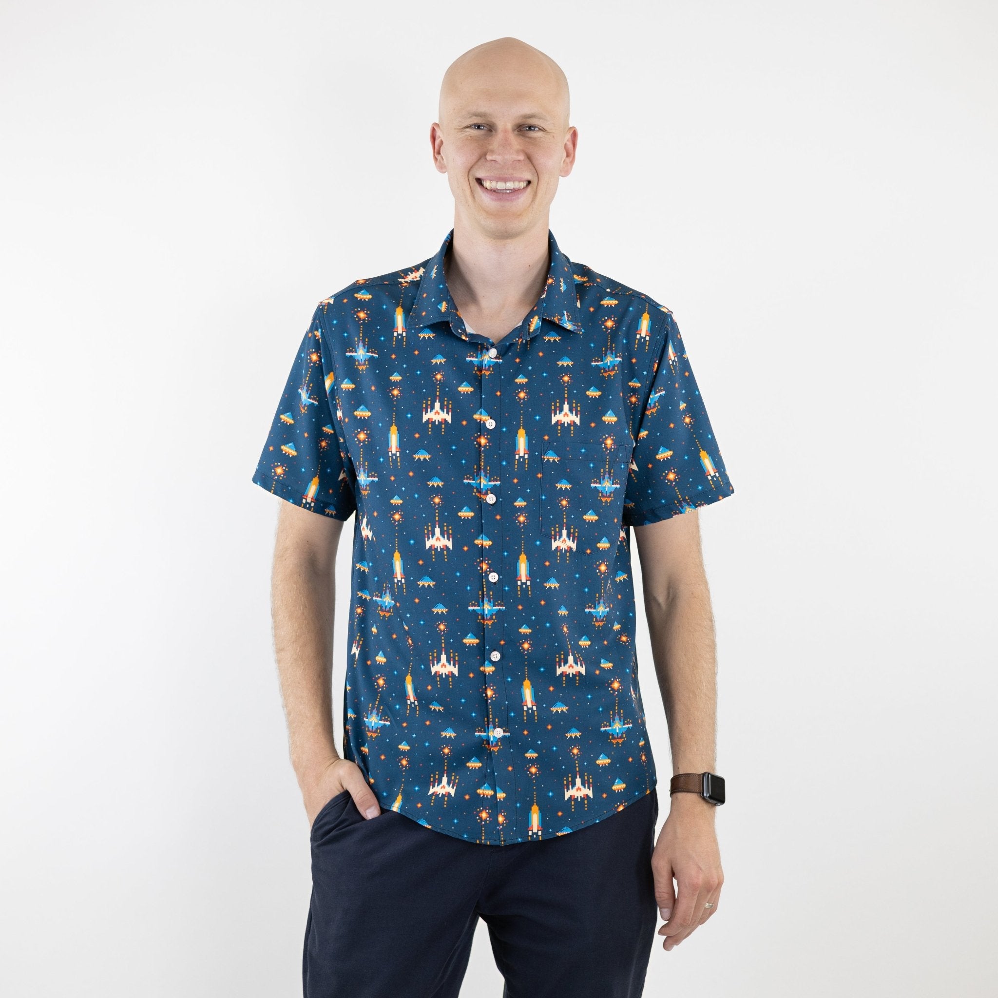 Ready-to-Ship Space Retro Arcade Game Button Up Shirt - adult sizing - outer space & astronaut print - ready-to-ship