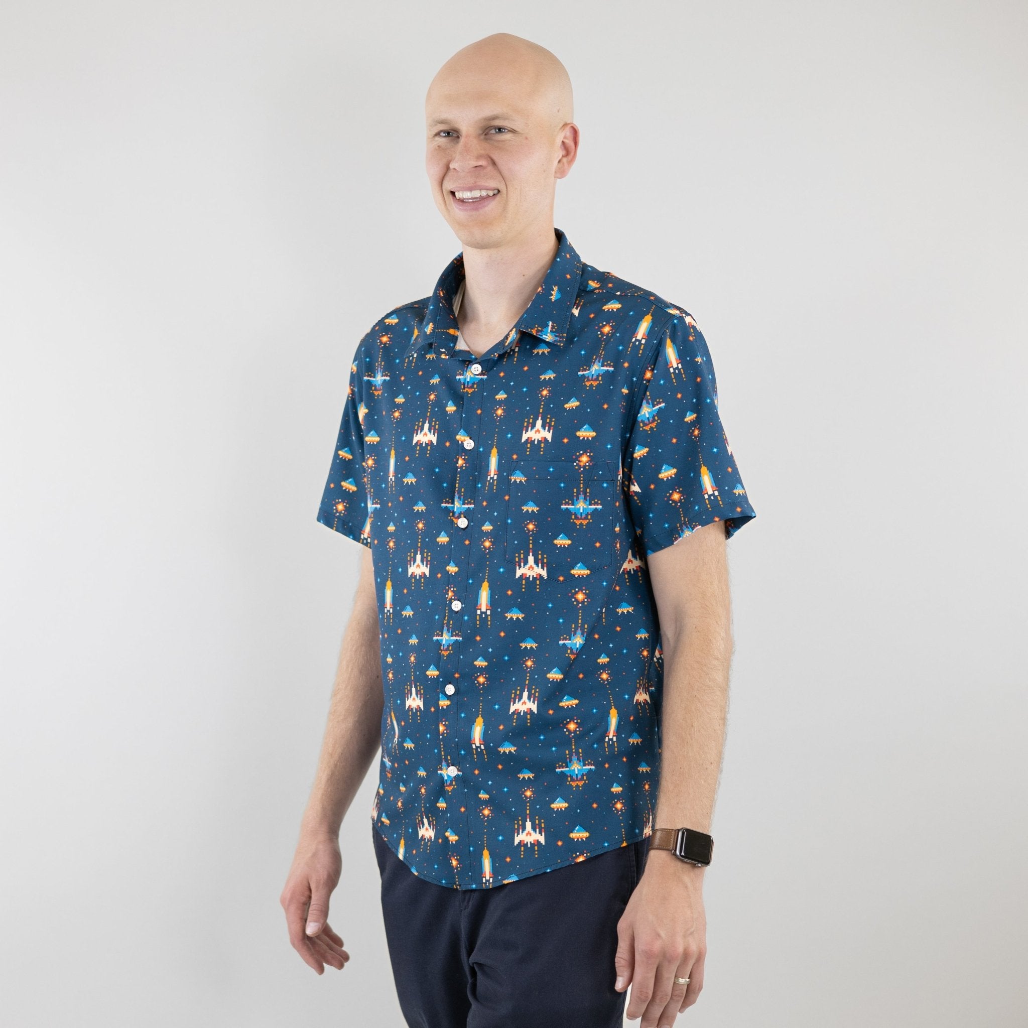 Ready-to-Ship Space Retro Arcade Game Button Up Shirt - adult sizing - outer space & astronaut print - ready-to-ship