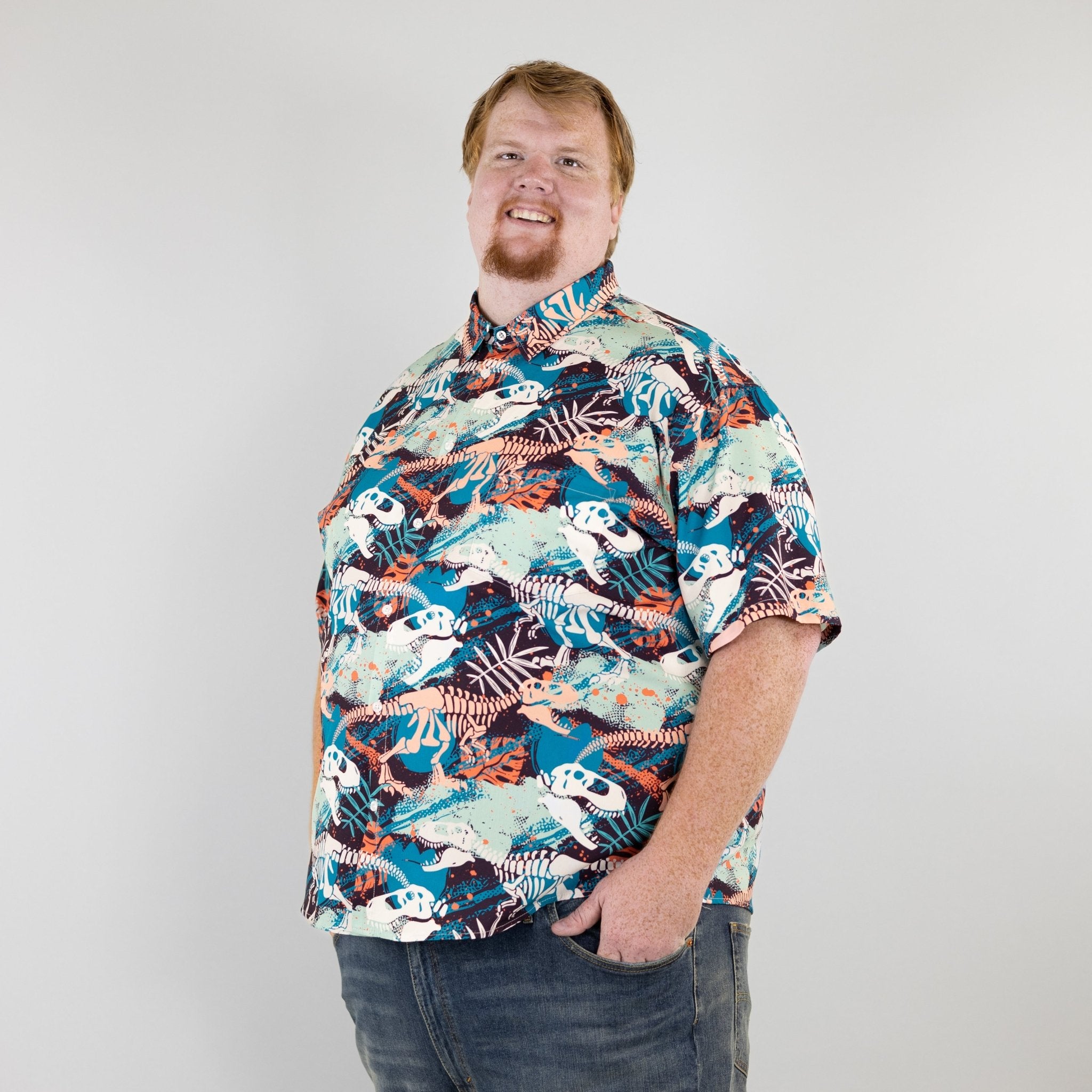 Ready-to-Ship T-Rex Bones Footprints Green Dinosaur Button Up Shirt - adult sizing - dinosaur print - Maximalist Patterns