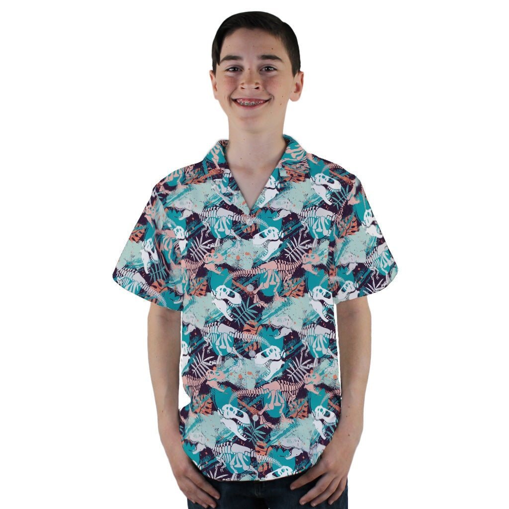 Clearance Ready - to - Ship T - Rex Bones Footprints Green Dinosaur Youth Hawaiian Shirt Geek Nerd Clearance dinosaur print Maximalist Patterns