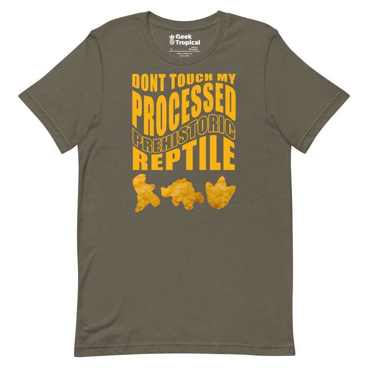 Processed Prehistoric Reptile Dinosaur Chicken Nuggets T-Shirt Geek Nerd Advertise to Meta Animal Patterns Design by Random Galaxy