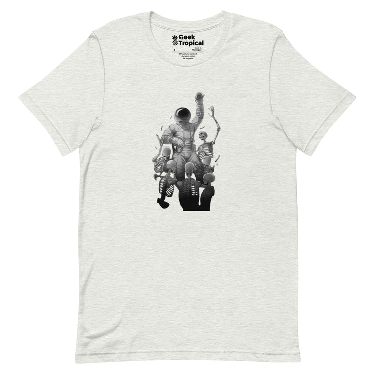 Astronaut Escaping Skeletons T-Shirt Geek Nerd Design by Tobe Fonseca Fantasy Prints FLOW DESC WRITING