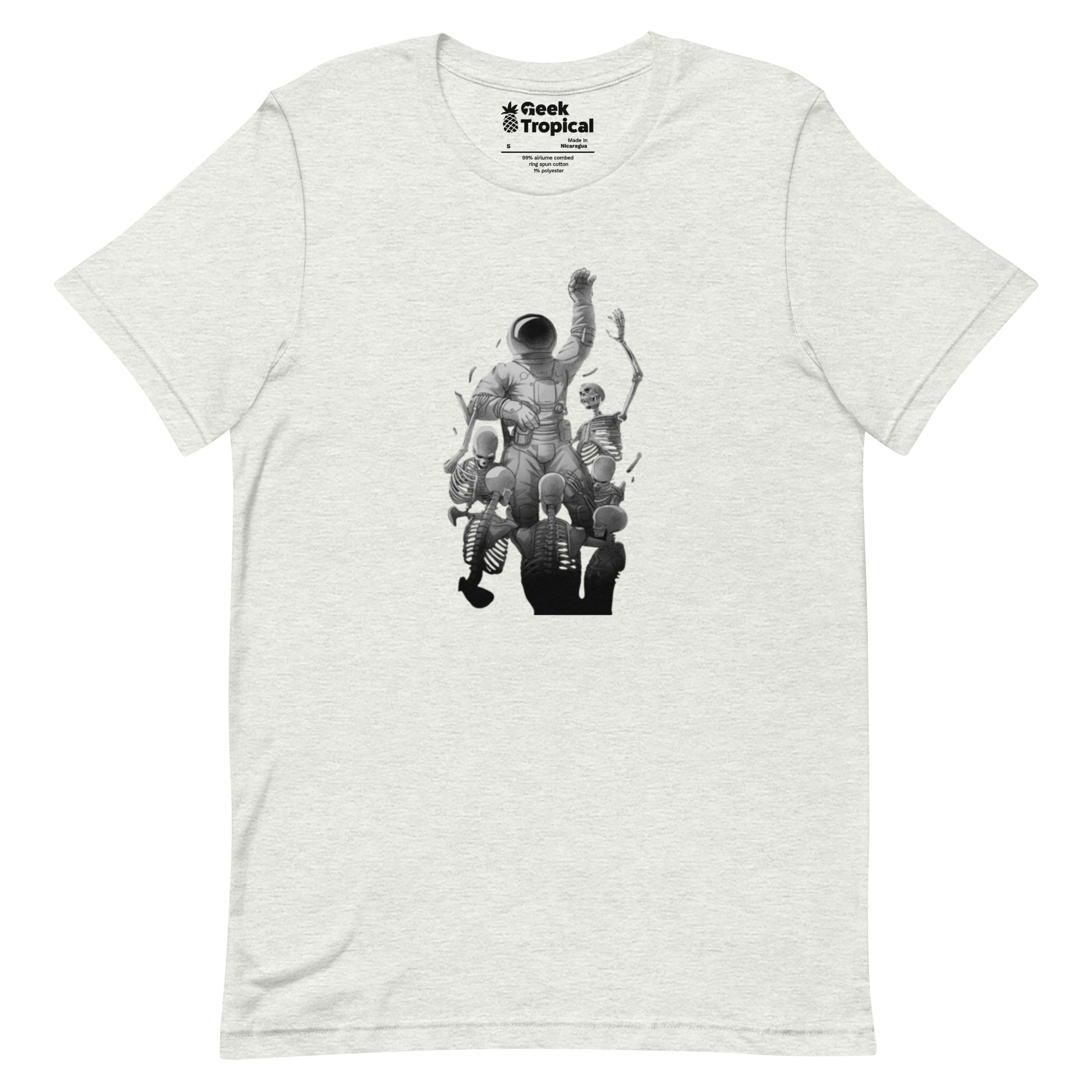 Astronaut Escaping Skeletons T-Shirt Geek Nerd Design by Tobe Fonseca Fantasy Prints FLOW DESC WRITING