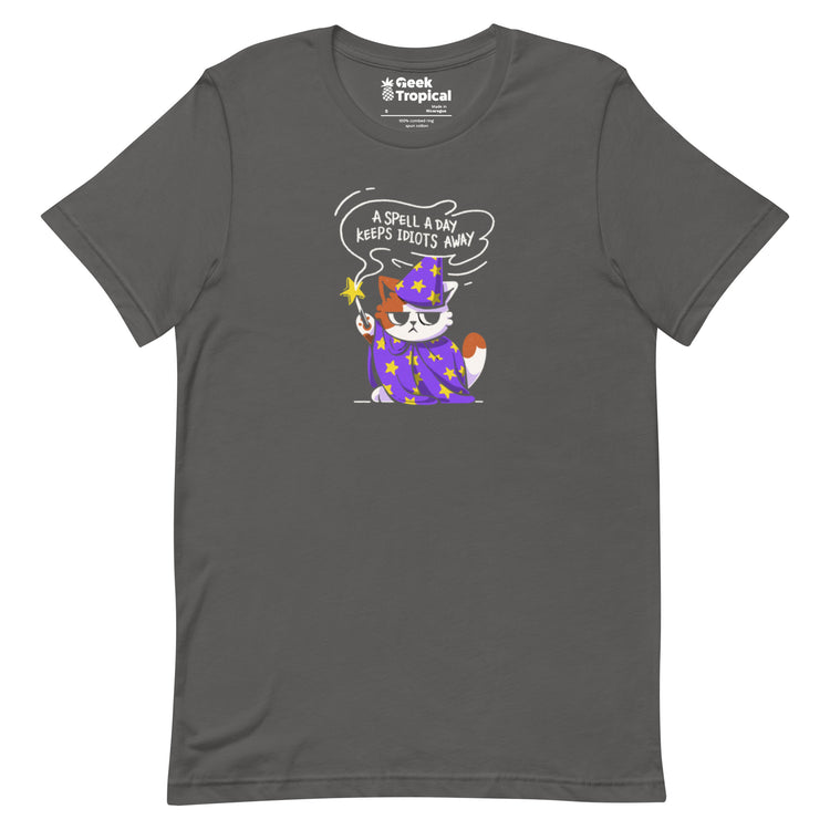 A Spell a Day Keeps Idiots Away Wizard Cat T-Shirt Geek Nerd Animal Patterns Design by Tobe Fonseca dnd & rpg print