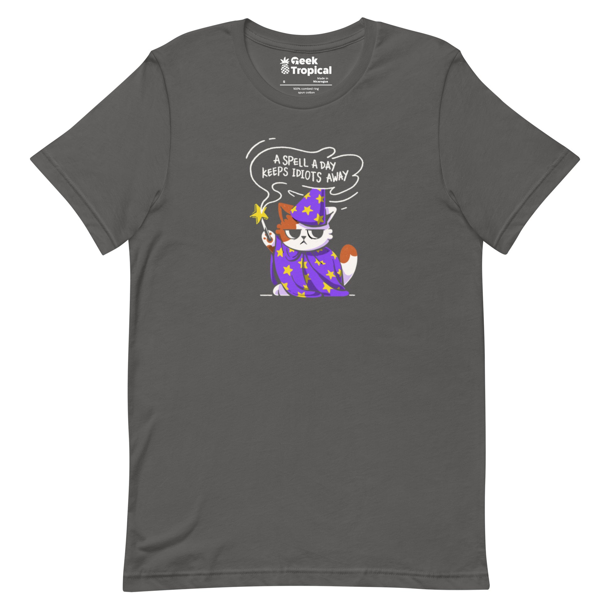 A Spell a Day Keeps Idiots Away Wizard Cat T-Shirt Geek Nerd Animal Patterns Design by Tobe Fonseca dnd & rpg print