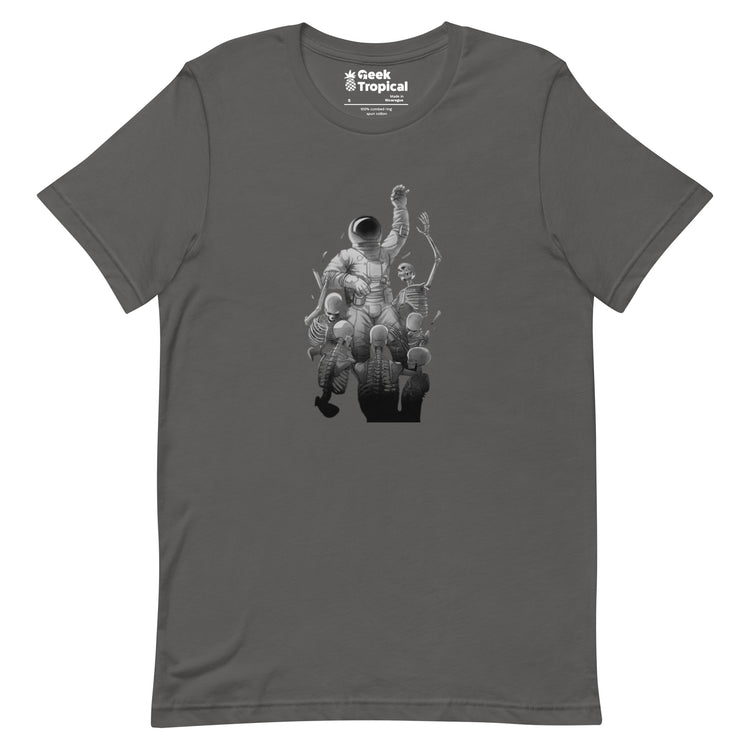 Astronaut Escaping Skeletons T-Shirt Geek Nerd Design by Tobe Fonseca Fantasy Prints FLOW DESC WRITING