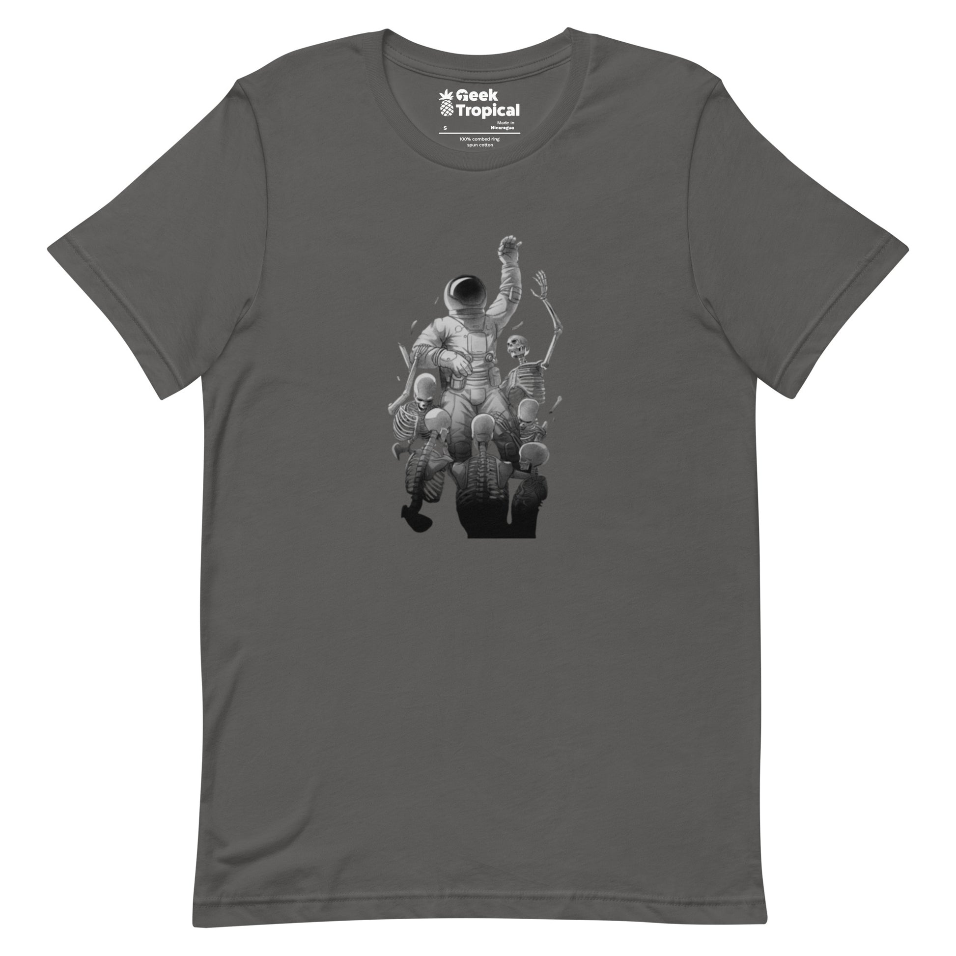 Astronaut Escaping Skeletons T-Shirt Geek Nerd Design by Tobe Fonseca Fantasy Prints FLOW DESC WRITING