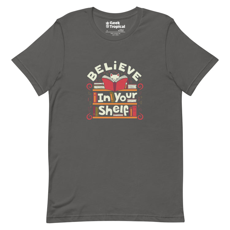 Believe in Your Shelf Cat T-Shirt Geek Nerd Animal Patterns Book Prints Design by Tobe Fonseca