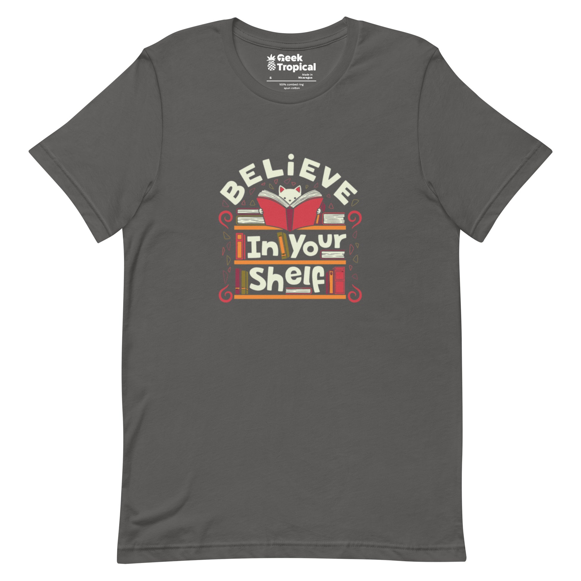 Believe in Your Shelf Cat T-Shirt Geek Nerd Animal Patterns Book Prints Design by Tobe Fonseca
