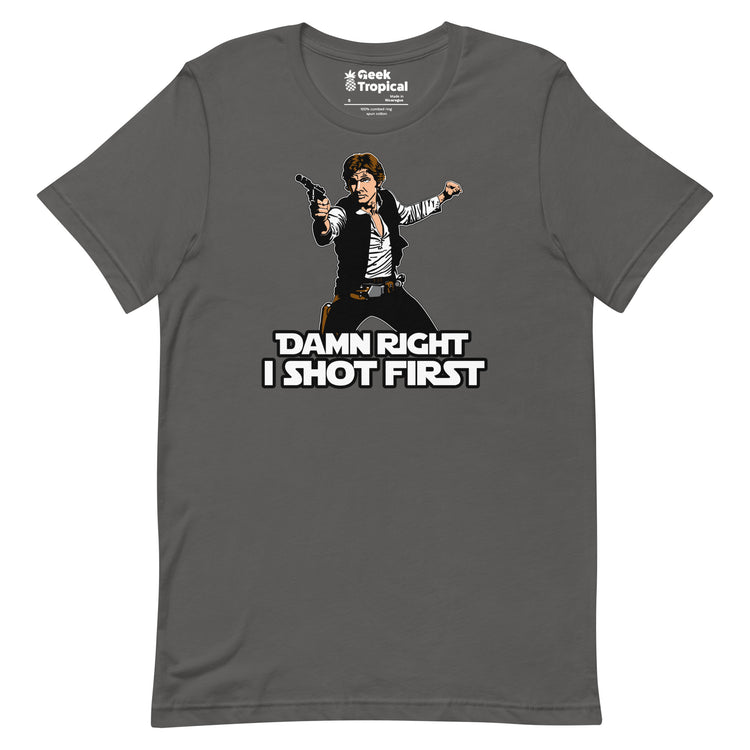 I Shot First T-Shirt Geek Nerd Advertise to Meta Fantasy Prints FLOW DESC WRITING