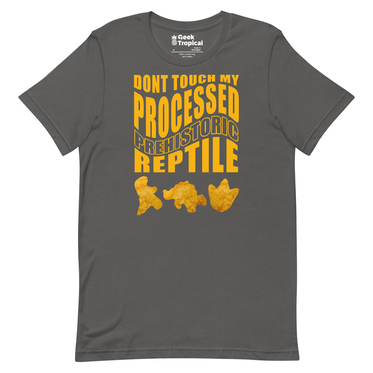 Processed Prehistoric Reptile Dinosaur Chicken Nuggets T-Shirt Geek Nerd Advertise to Meta Animal Patterns Design by Random Galaxy