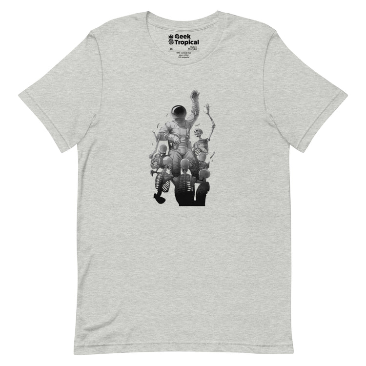 Astronaut Escaping Skeletons T-Shirt Geek Nerd Design by Tobe Fonseca Fantasy Prints FLOW DESC WRITING