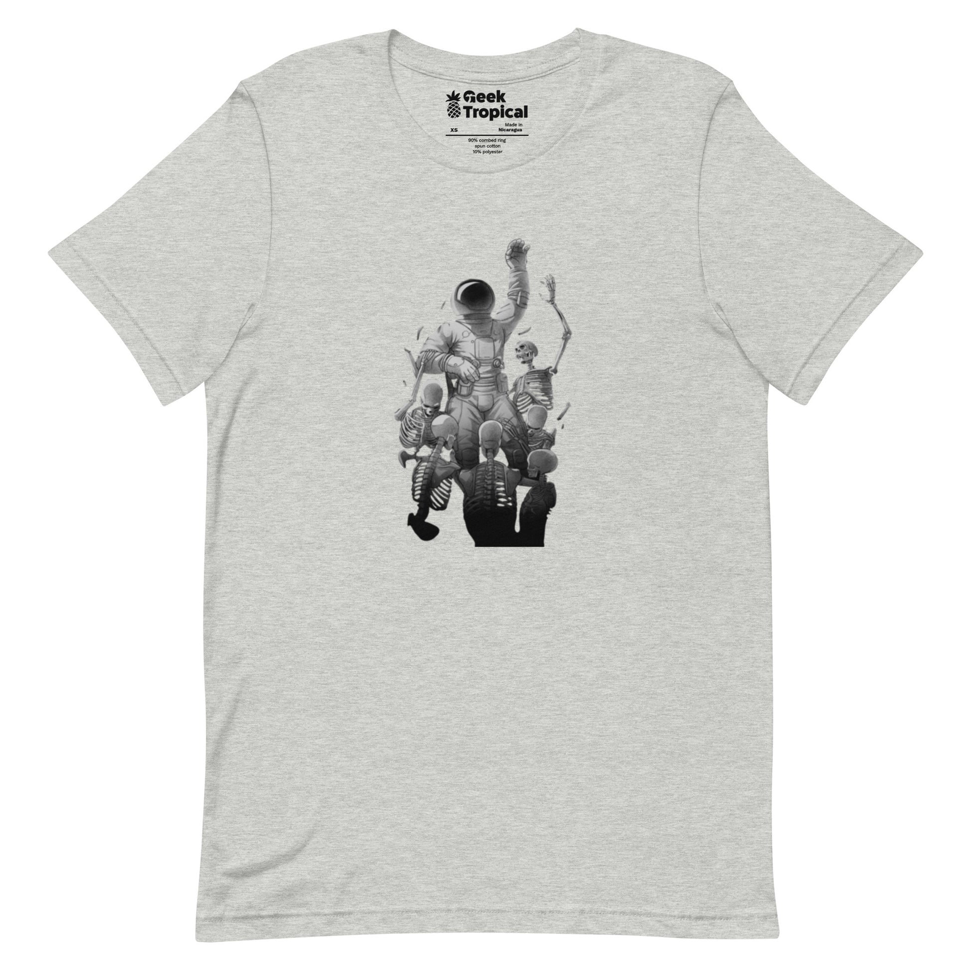 Astronaut Escaping Skeletons T-Shirt Geek Nerd Design by Tobe Fonseca Fantasy Prints FLOW DESC WRITING