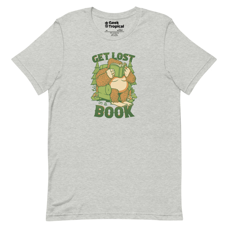 Get Lost - In A Book Sasquatch T-Shirt Geek Nerd Advertise to Meta Book Prints Design by Tobe Fonseca