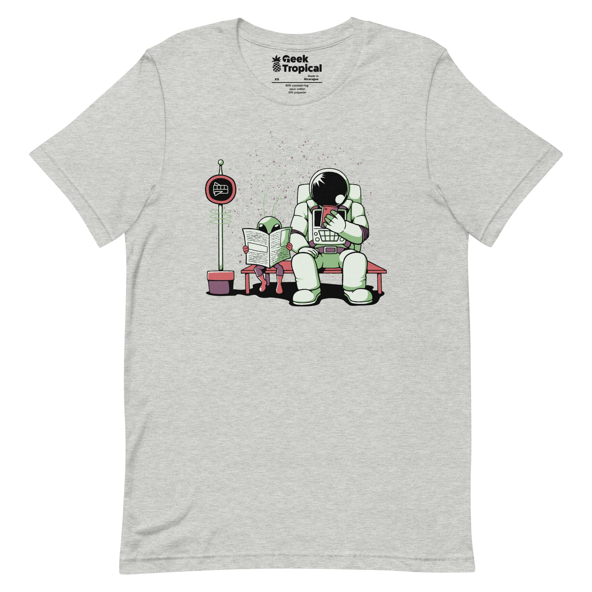 Astronaut In a Bus Stop Funny Alien Reading Newspaper T-Shirt Geek Nerd Advertise to Meta Design by Tobe Fonseca Fantasy Prints