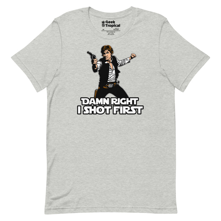 I Shot First T-Shirt Geek Nerd Advertise to Meta Fantasy Prints FLOW DESC WRITING