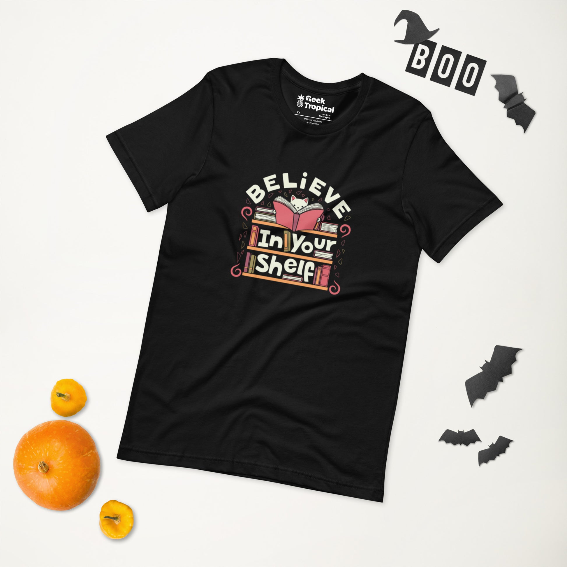 Believe in Your Shelf Cat T-Shirt Geek Nerd Animal Patterns Book Prints Design by Tobe Fonseca