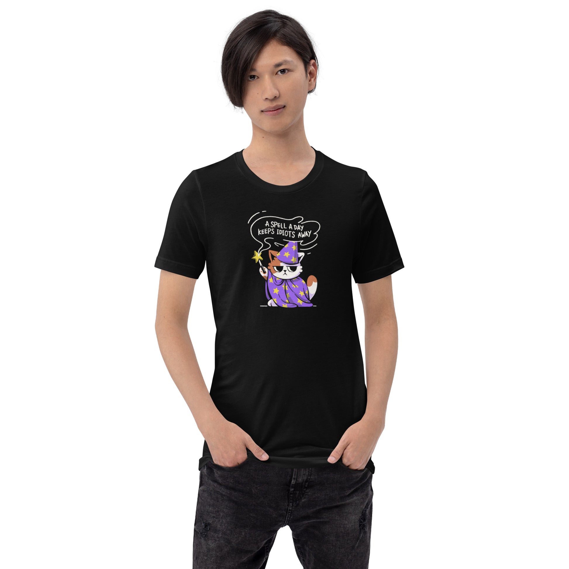 A Spell a Day Keeps Idiots Away Wizard Cat T-Shirt Geek Nerd Animal Patterns Design by Tobe Fonseca dnd & rpg print