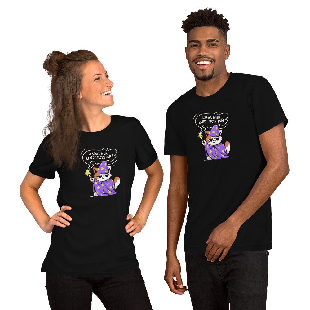 A Spell a Day Keeps Idiots Away Wizard Cat T-Shirt Geek Nerd Animal Patterns Design by Tobe Fonseca dnd & rpg print