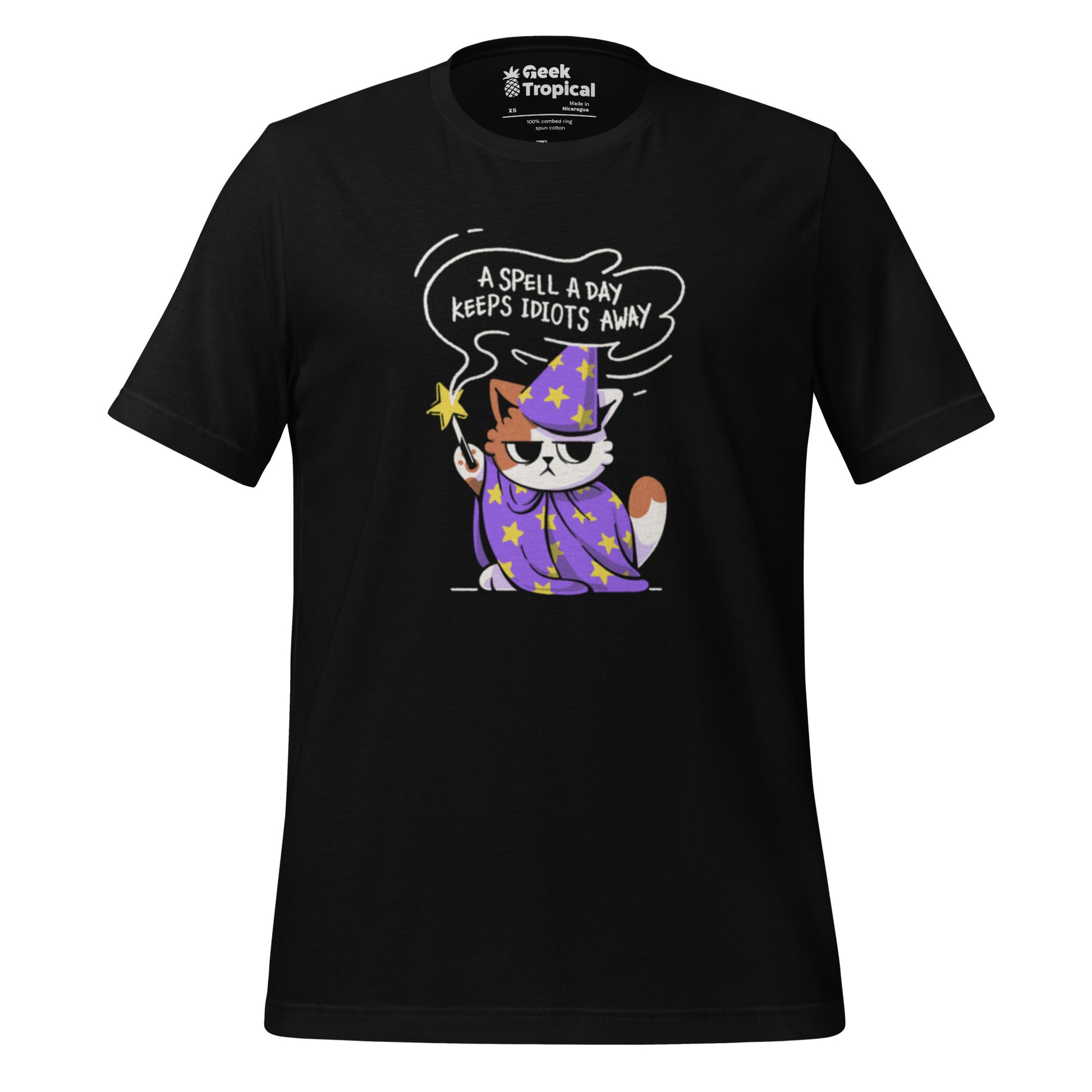 A Spell a Day Keeps Idiots Away Wizard Cat T-Shirt Geek Nerd Animal Patterns Design by Tobe Fonseca dnd & rpg print