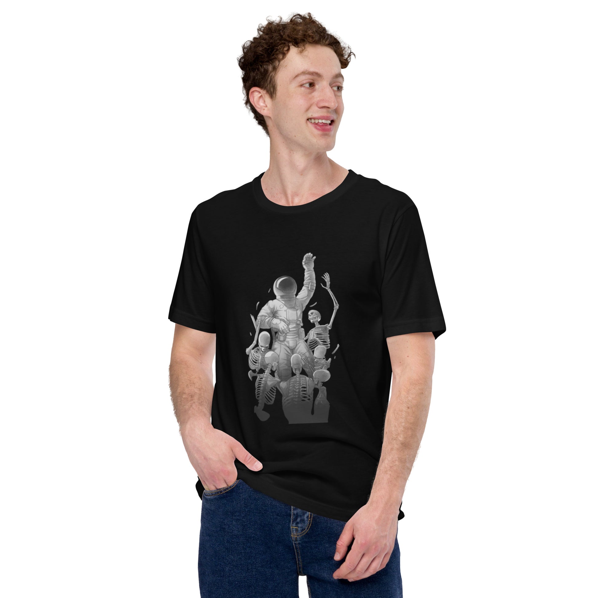 Astronaut Escaping Skeletons T-Shirt Geek Nerd Design by Tobe Fonseca Fantasy Prints FLOW DESC WRITING