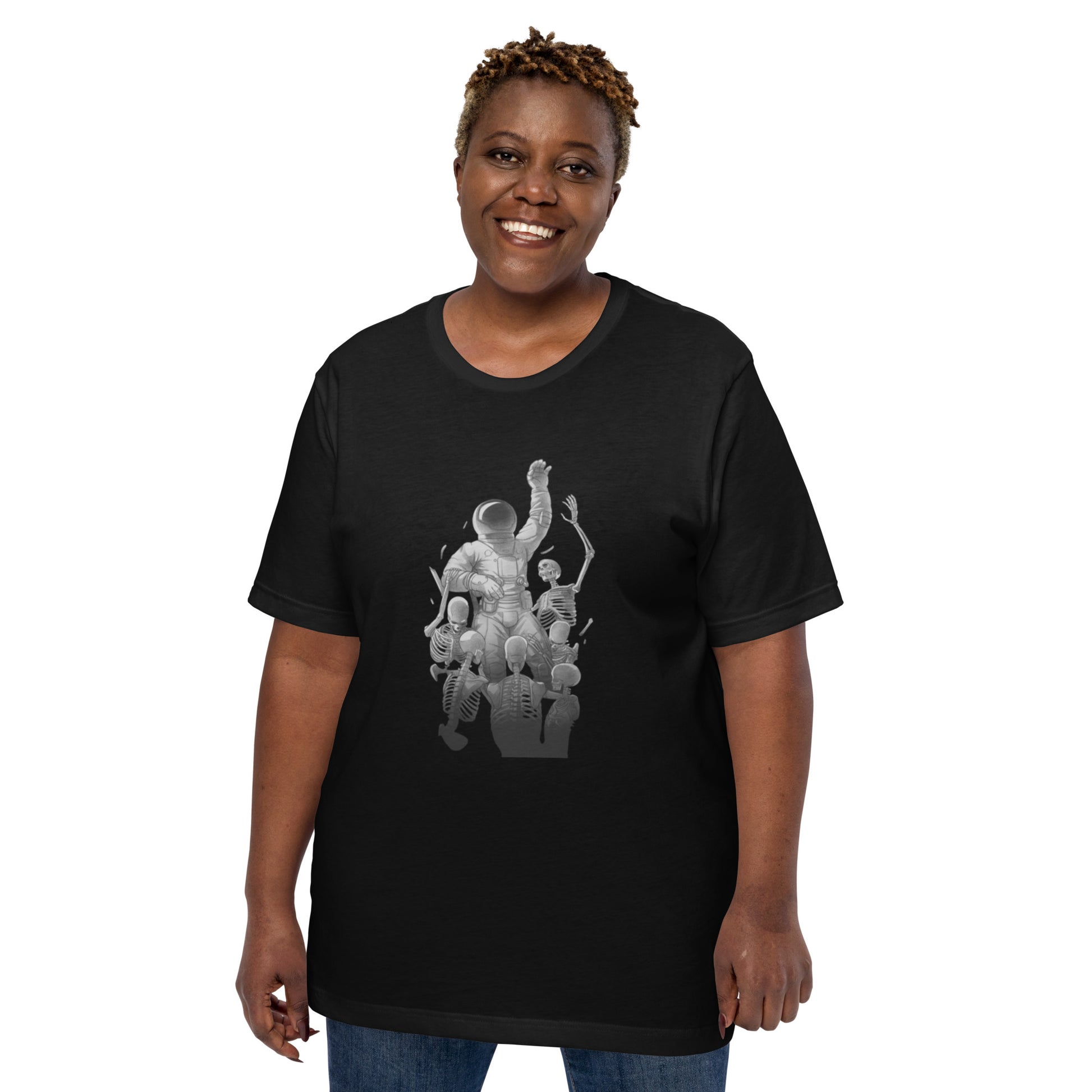 Astronaut Escaping Skeletons T-Shirt Geek Nerd Design by Tobe Fonseca Fantasy Prints FLOW DESC WRITING