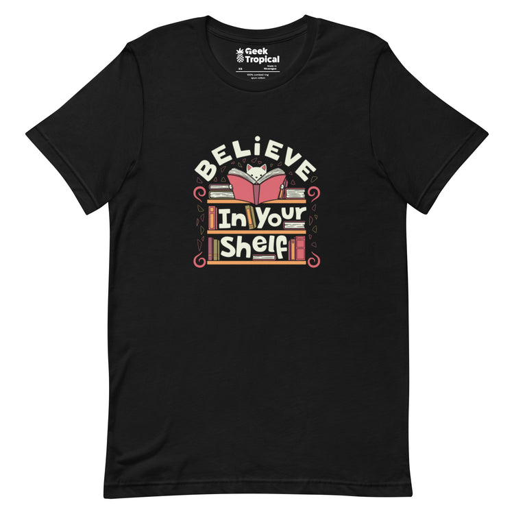 Believe in Your Shelf Cat T-Shirt Geek Nerd Animal Patterns Book Prints Design by Tobe Fonseca