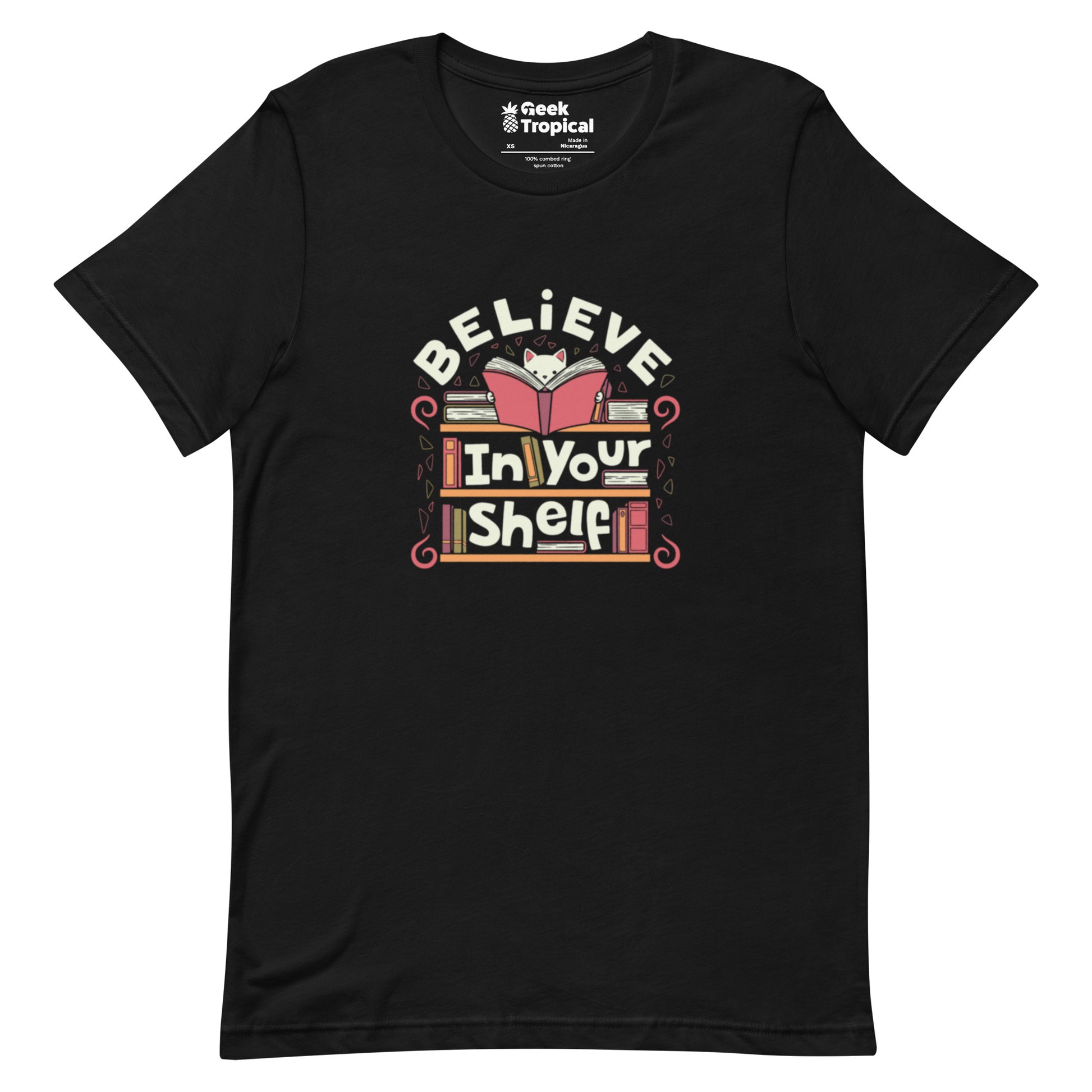 Believe in Your Shelf Cat T-Shirt Geek Nerd Animal Patterns Book Prints Design by Tobe Fonseca