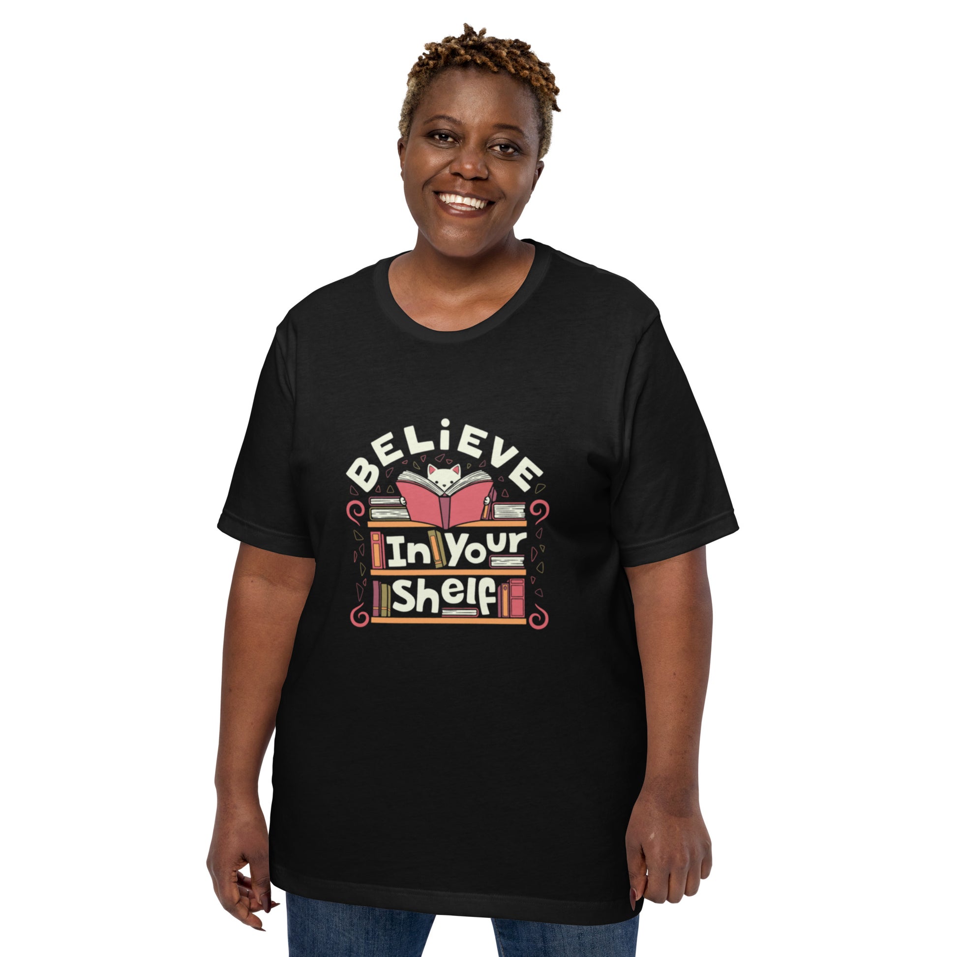 Believe in Your Shelf Cat T-Shirt Geek Nerd Animal Patterns Book Prints Design by Tobe Fonseca