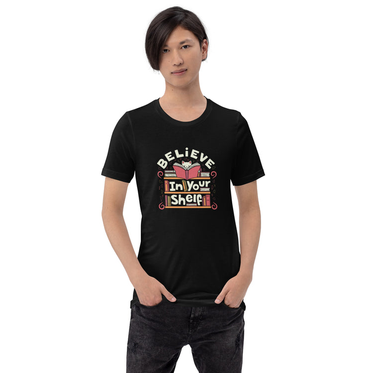Believe in Your Shelf Cat T-Shirt Geek Nerd Animal Patterns Book Prints Design by Tobe Fonseca