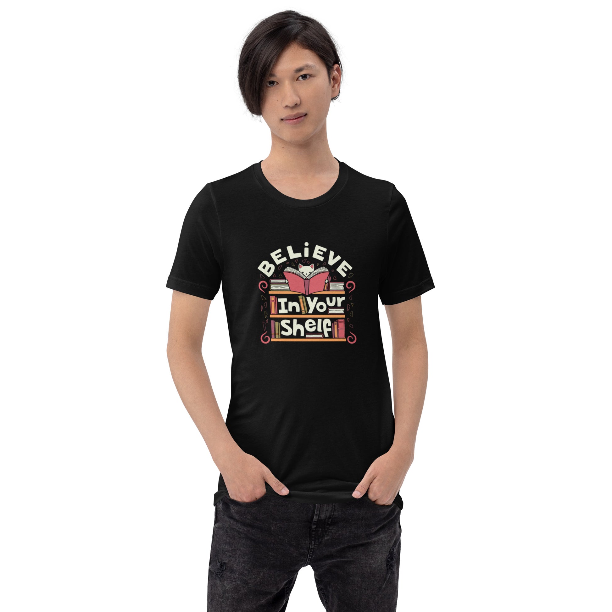 Believe in Your Shelf Cat T-Shirt Geek Nerd Animal Patterns Book Prints Design by Tobe Fonseca