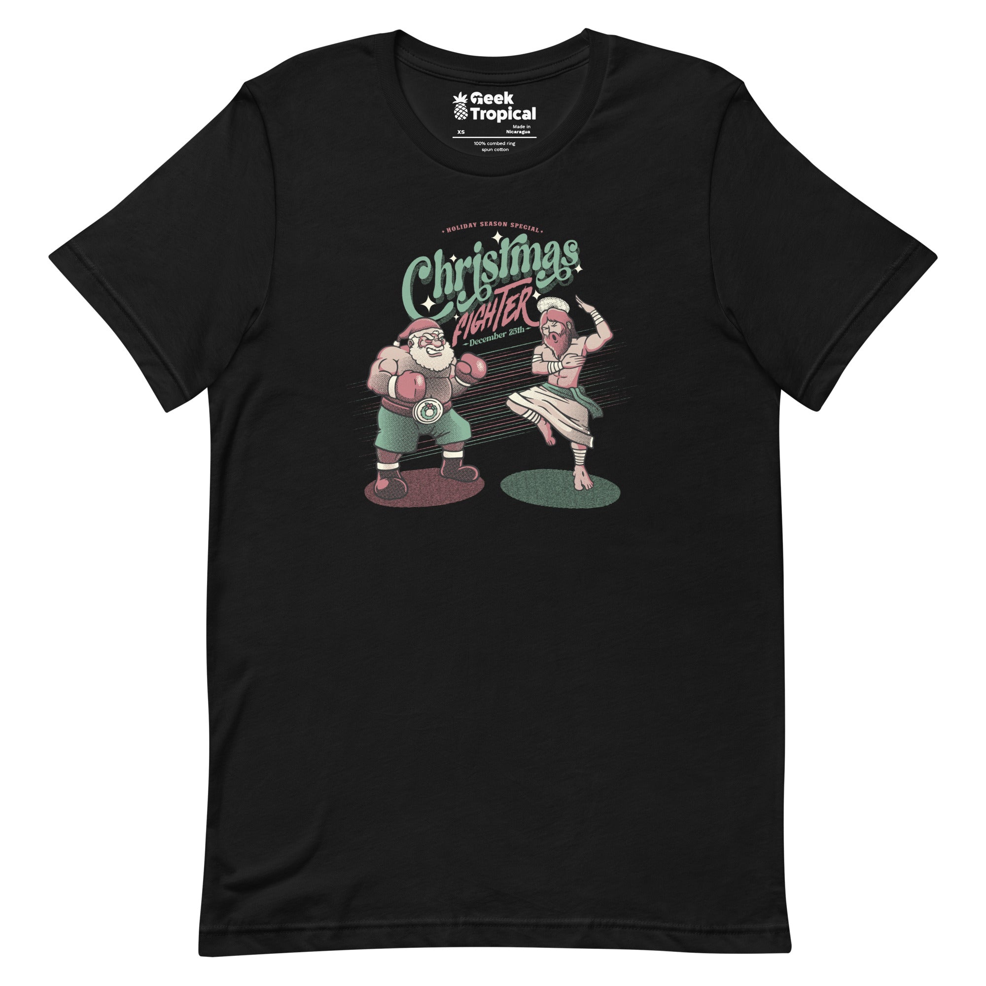 Holidays Fighting Jesus X Santa Claus T-Shirt Geek Nerd Advertise to Meta Christmas Print Design by Tobe Fonseca