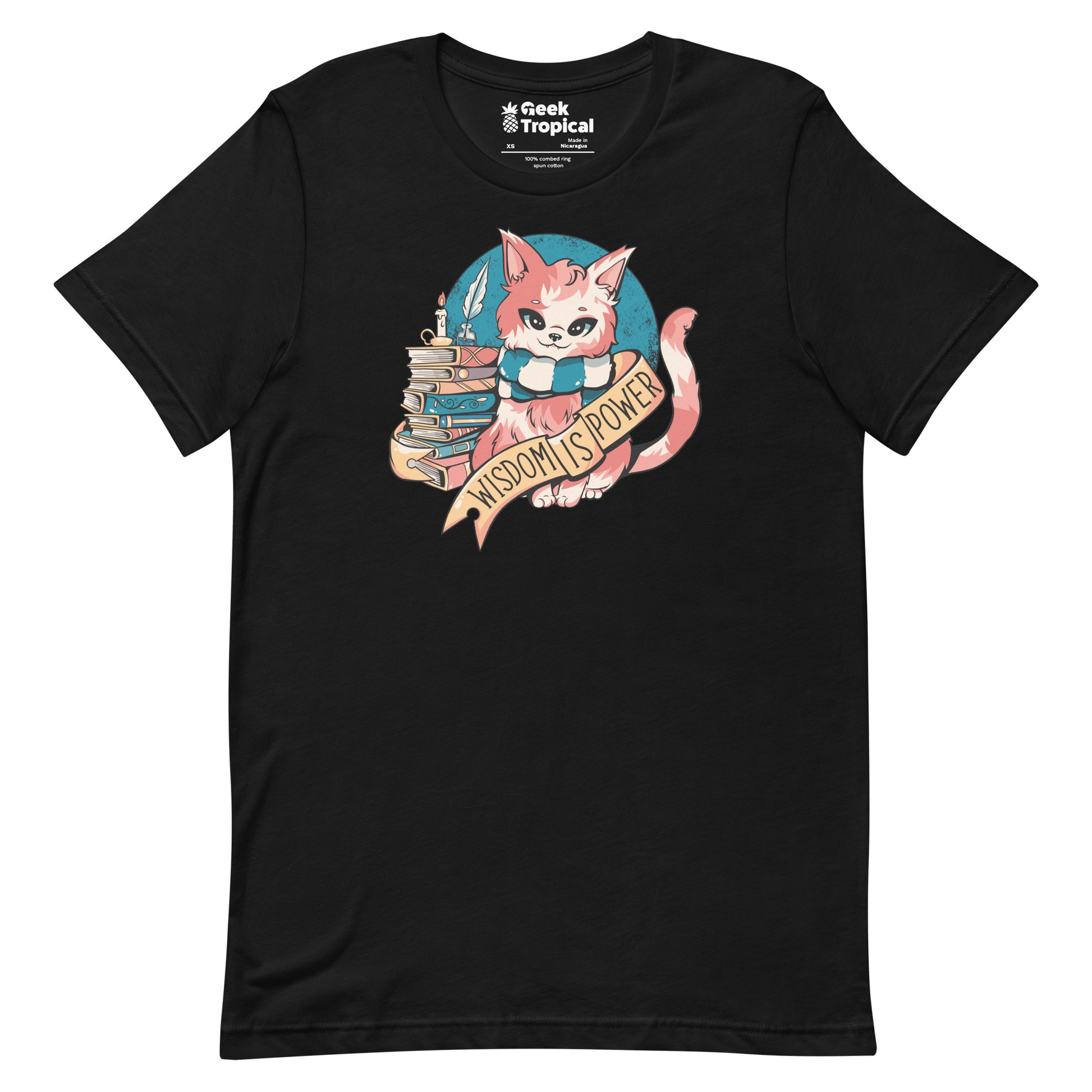 Wisdom is Power Books and Cat T-Shirt Geek Nerd Advertise to Meta Animal Patterns Book Prints